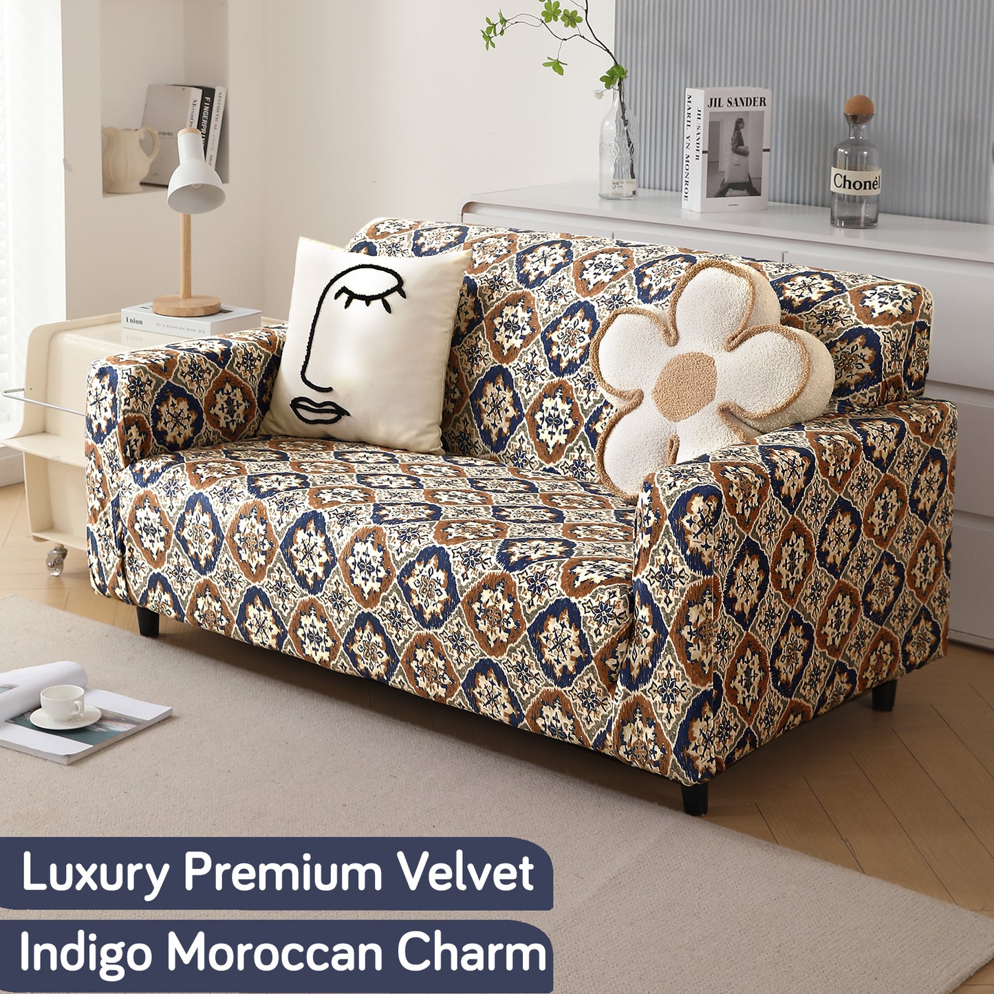 Premium Printed Velvet Sofa Cover 1/2/3 Seaters Fully Covered, Indigo Moroccan Charm
