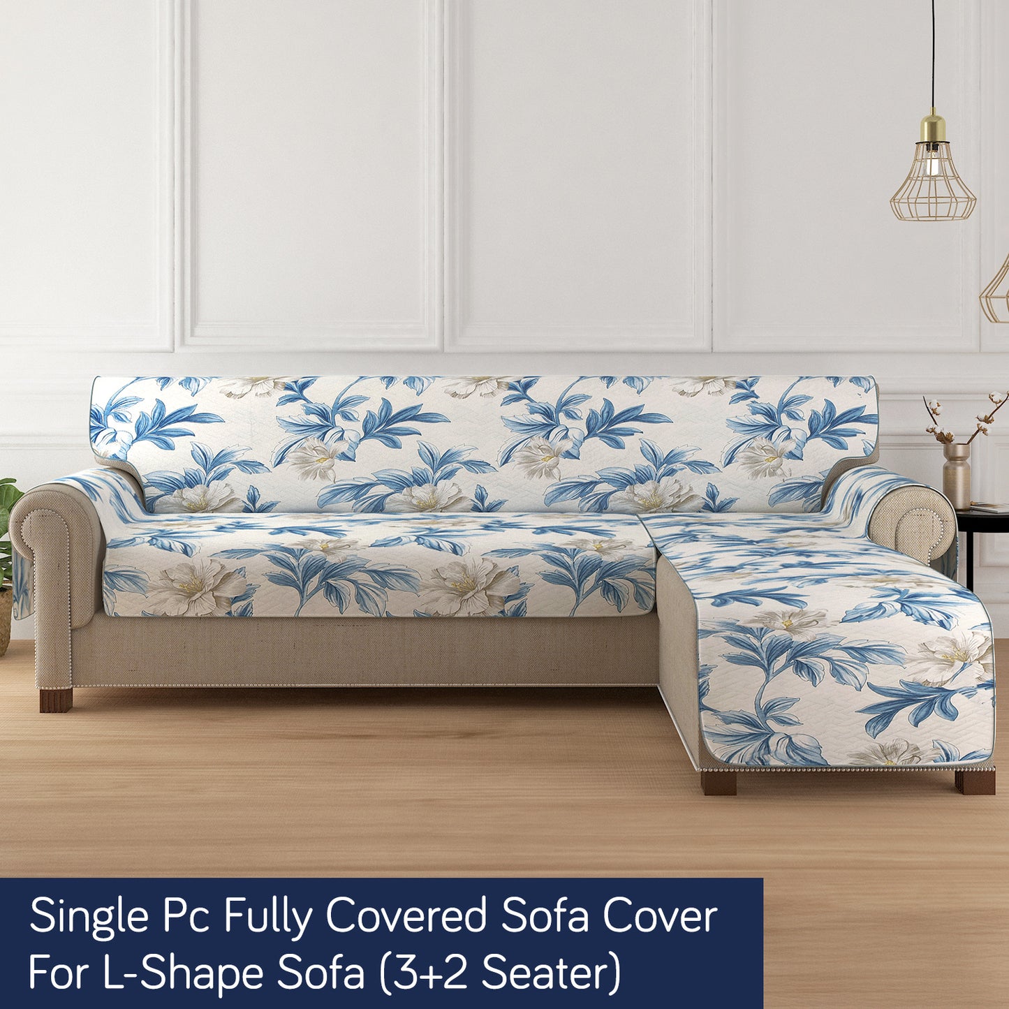 HomeHues Series Quilted Sofa Cover with Secure Fit Belt for L Shape sofa, Celadon Blue Camellia