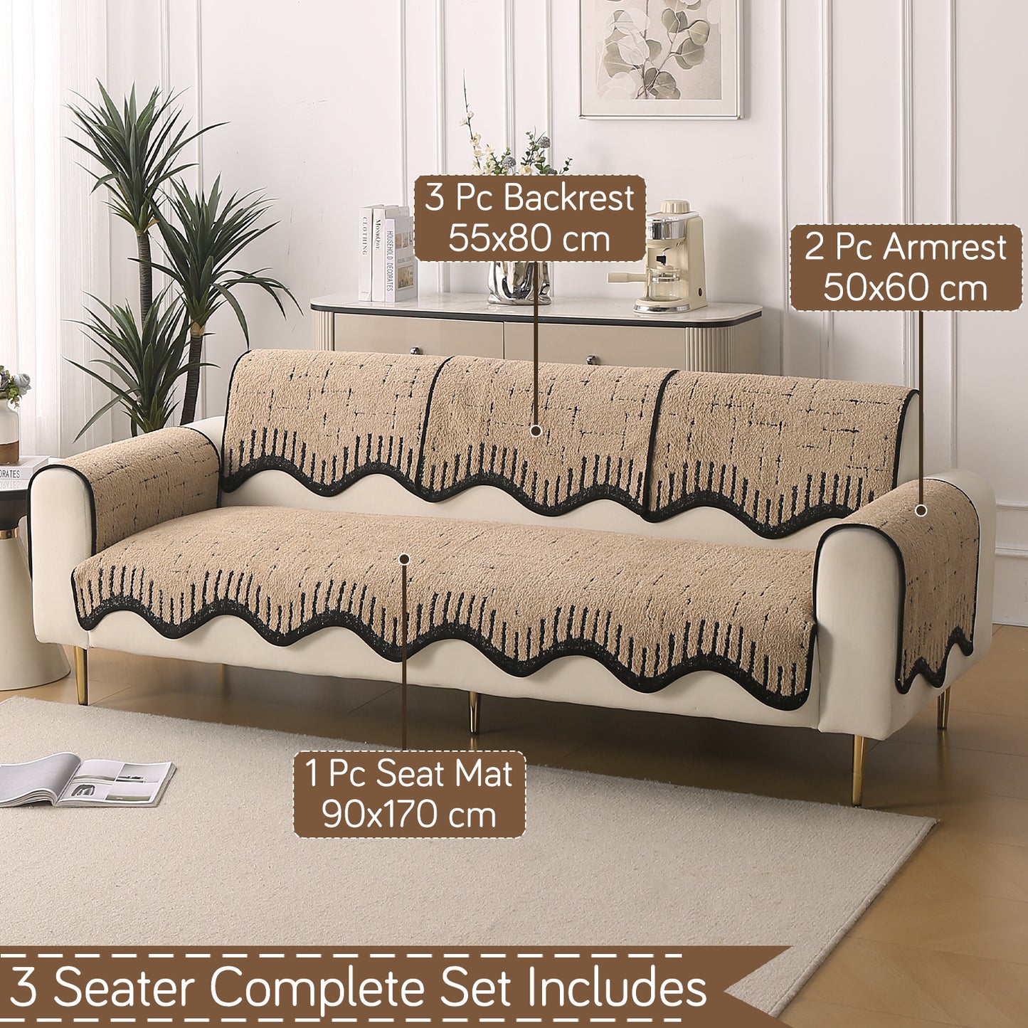 Premium Supple Soft Wavy with Curve Sofa Cover Mat, Brown