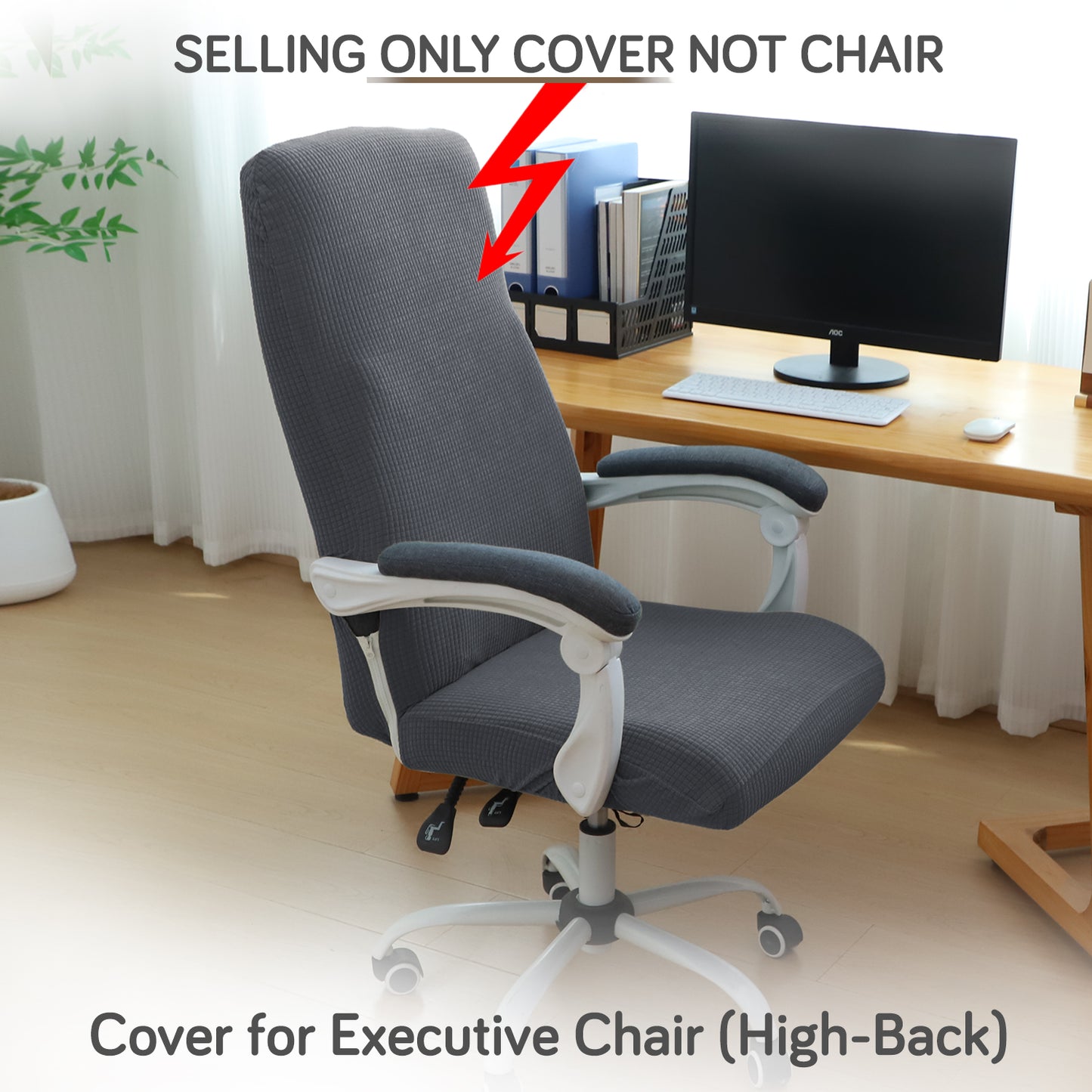 Water Repellent Office Chair Cover for Executive Chair (High-Back) – 210 GSM Stretchable Jacquard – Washable & Anti-Slip – Fits Big & Tall Office Chairs, Dark Grey