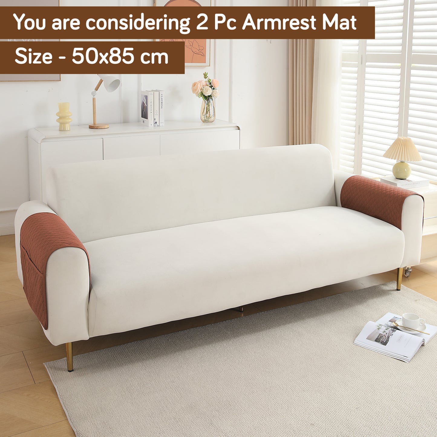 2 Pcs Quilted Sofa Armrest Cover, Brown