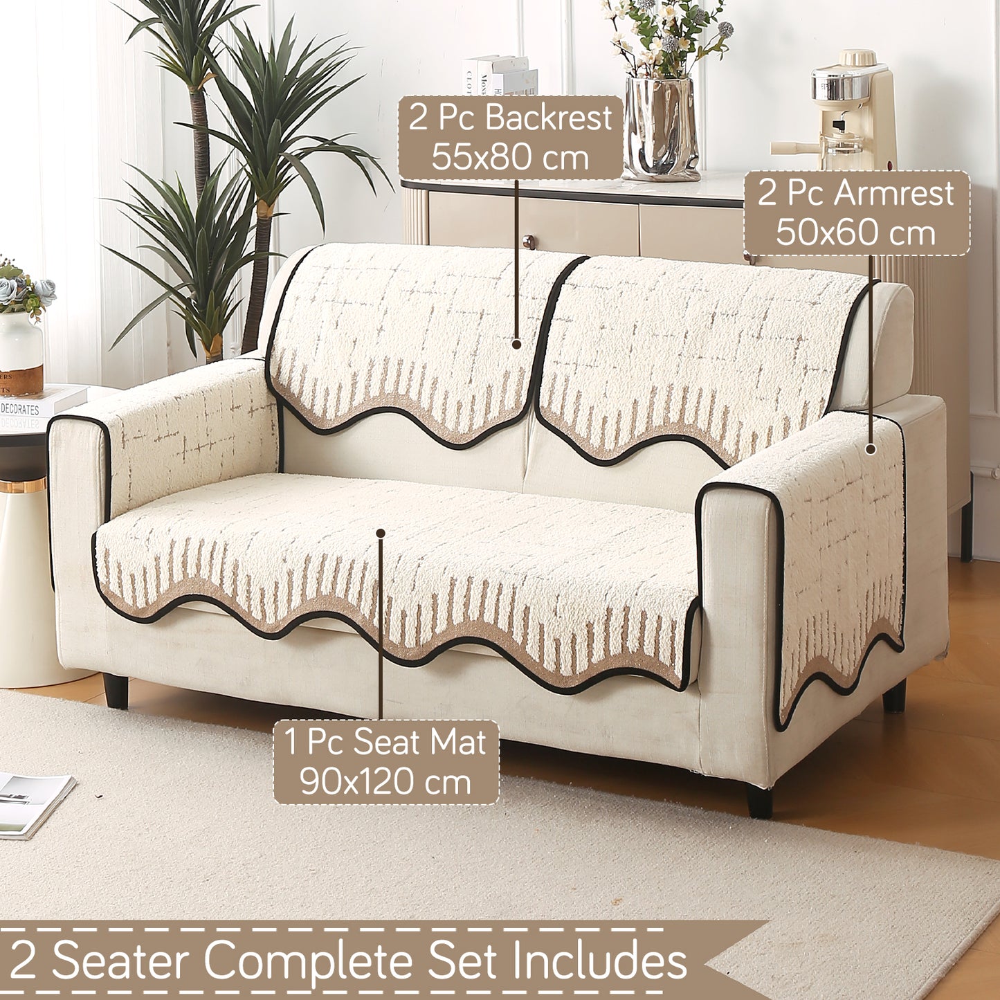 Premium Supple Soft Wavy with Curve Sofa Cover Mat, Cream Brown