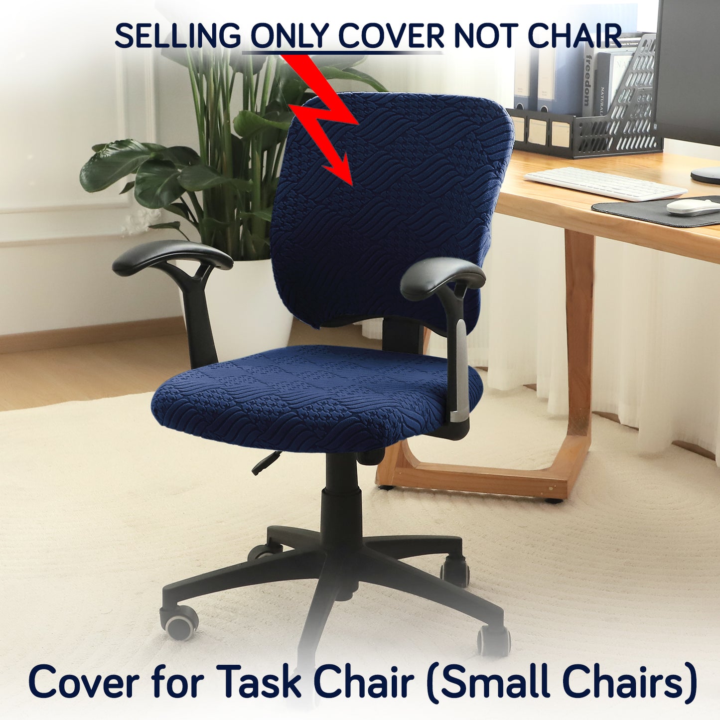 Office Chair Cover for Task Chair – 170 GSM Stretchable Jacquard – Washable & Anti-Slip – Fits Small Office Chairs Without Headrest, Navy Blue