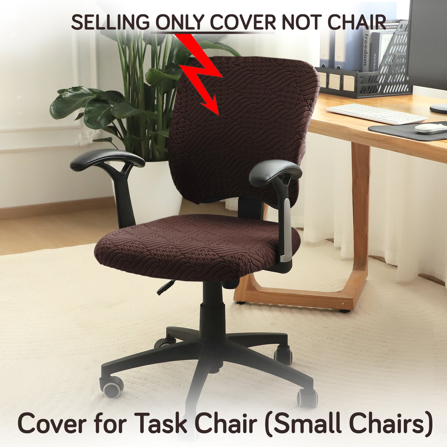 Office Chair Cover for Task Chair – 170 GSM Stretchable Jacquard – Washable & Anti-Slip – Fits Small Office Chairs Without Headrest, Brown