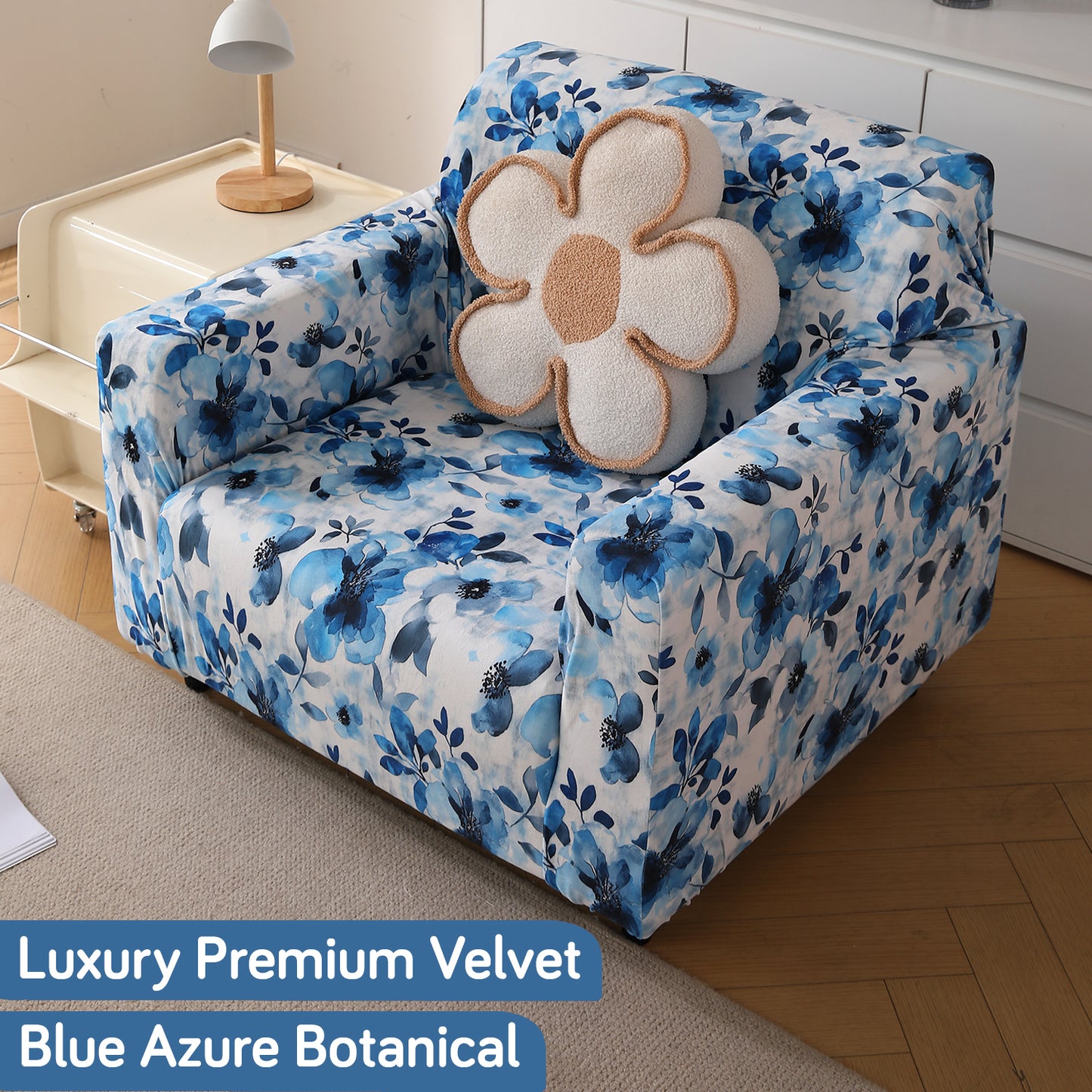 Premium Printed Velvet Sofa Cover 1/2/3 Seaters Fully Covered, Blue Azure Botanical
