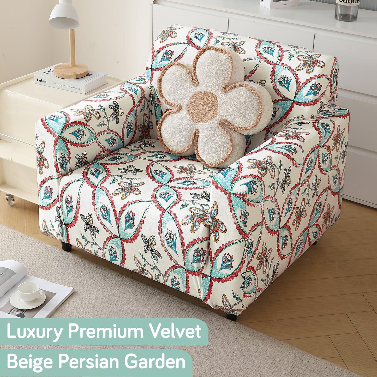 Premium Printed Velvet Sofa Cover 1/2/3 Seaters Fully Covered, Beige Persian Garden
