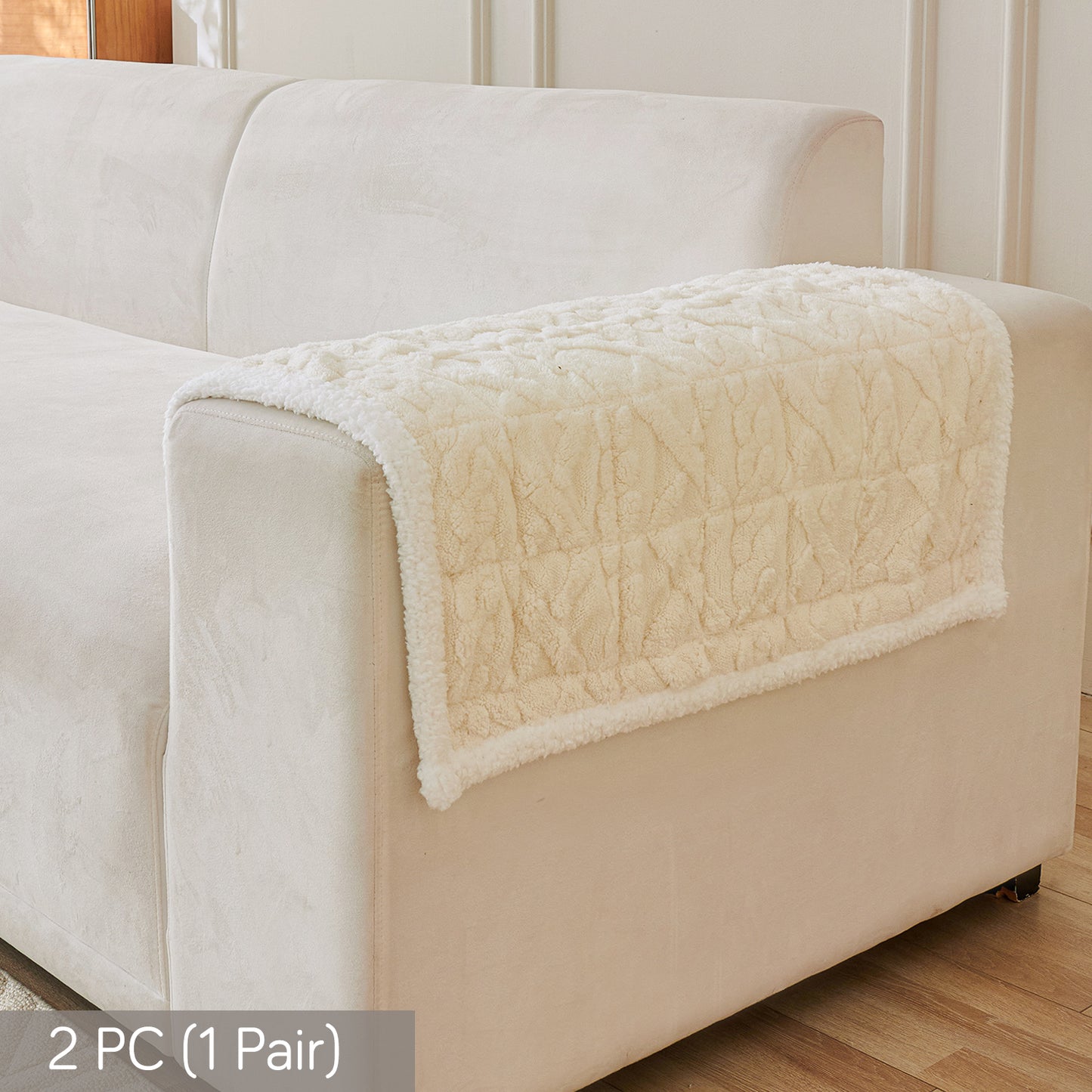 'Italian Caelora' Luxury Jacquard Plush Sofa Cover Mat and Anti-Slip Armrest Covers - Pearl Whit