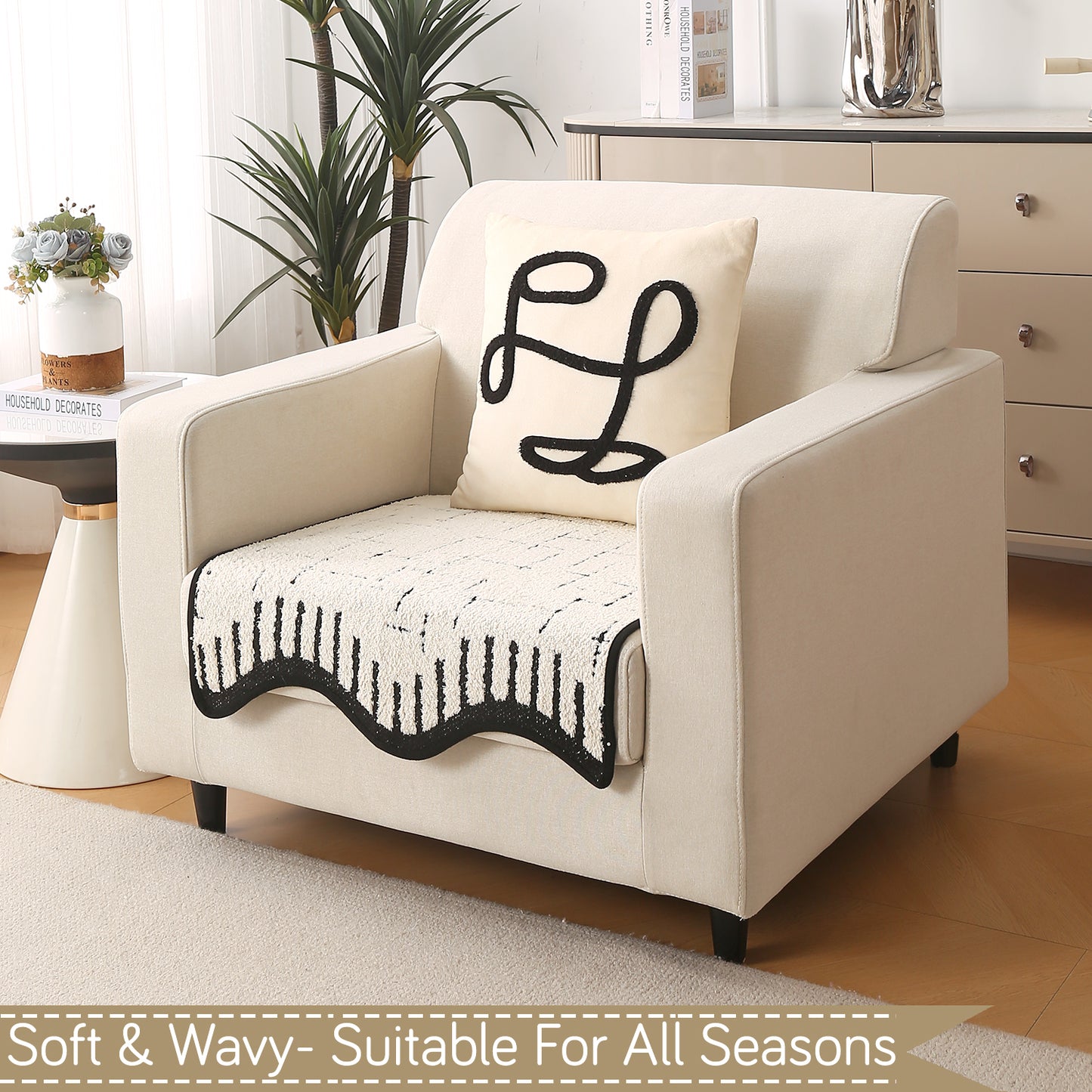 Premium Supple Soft Wavy with Curve Sofa Cover Mat, Off-White