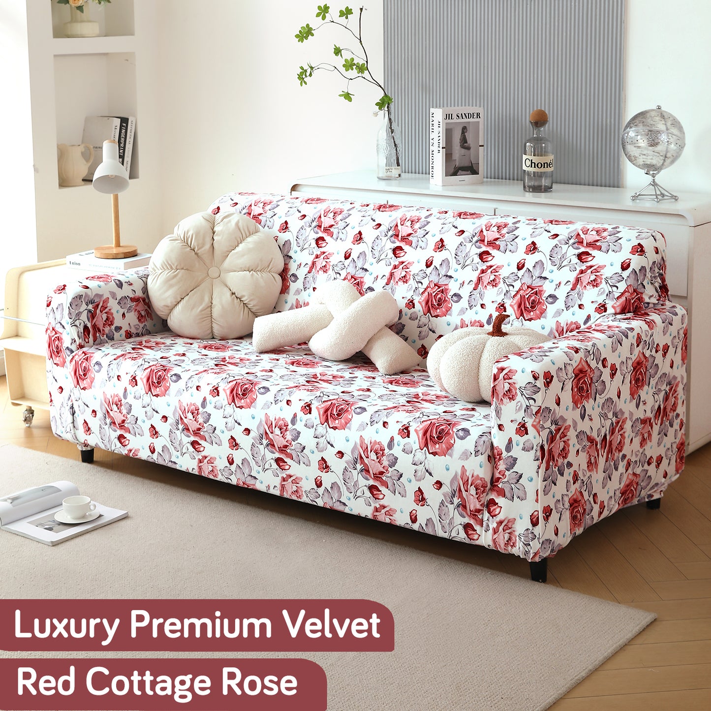 Premium Printed Velvet Sofa Cover 1/2/3 Seaters Fully Covered, Red Cottage Rose