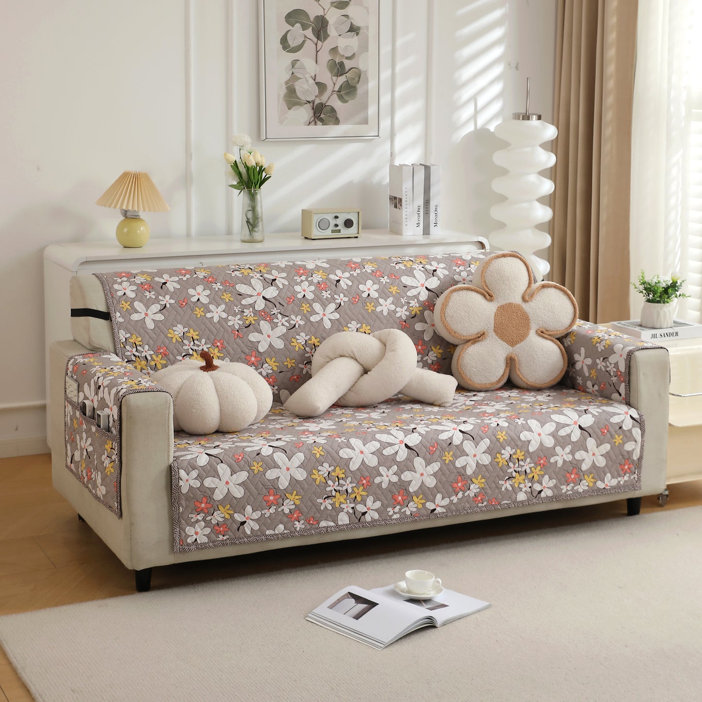 3 seater Pastel Brown Sandwort Flower Printed quilted sofa ke cover