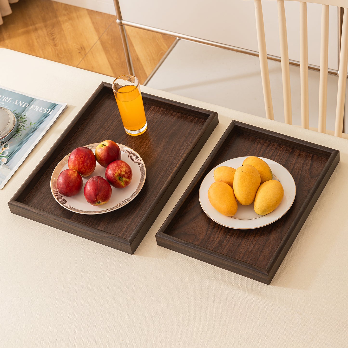 Wooden Serving Tray MDF Rectangular Eco-Friendly Trays Set of 3, Dark Walnut Finish