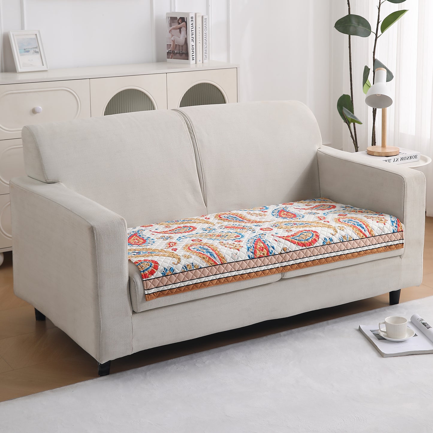 LiefNest Printed Holland Velvet Sofa Mat with Foam Filling - Paisley Multicolor for 1/2/3 Seater & Armrest