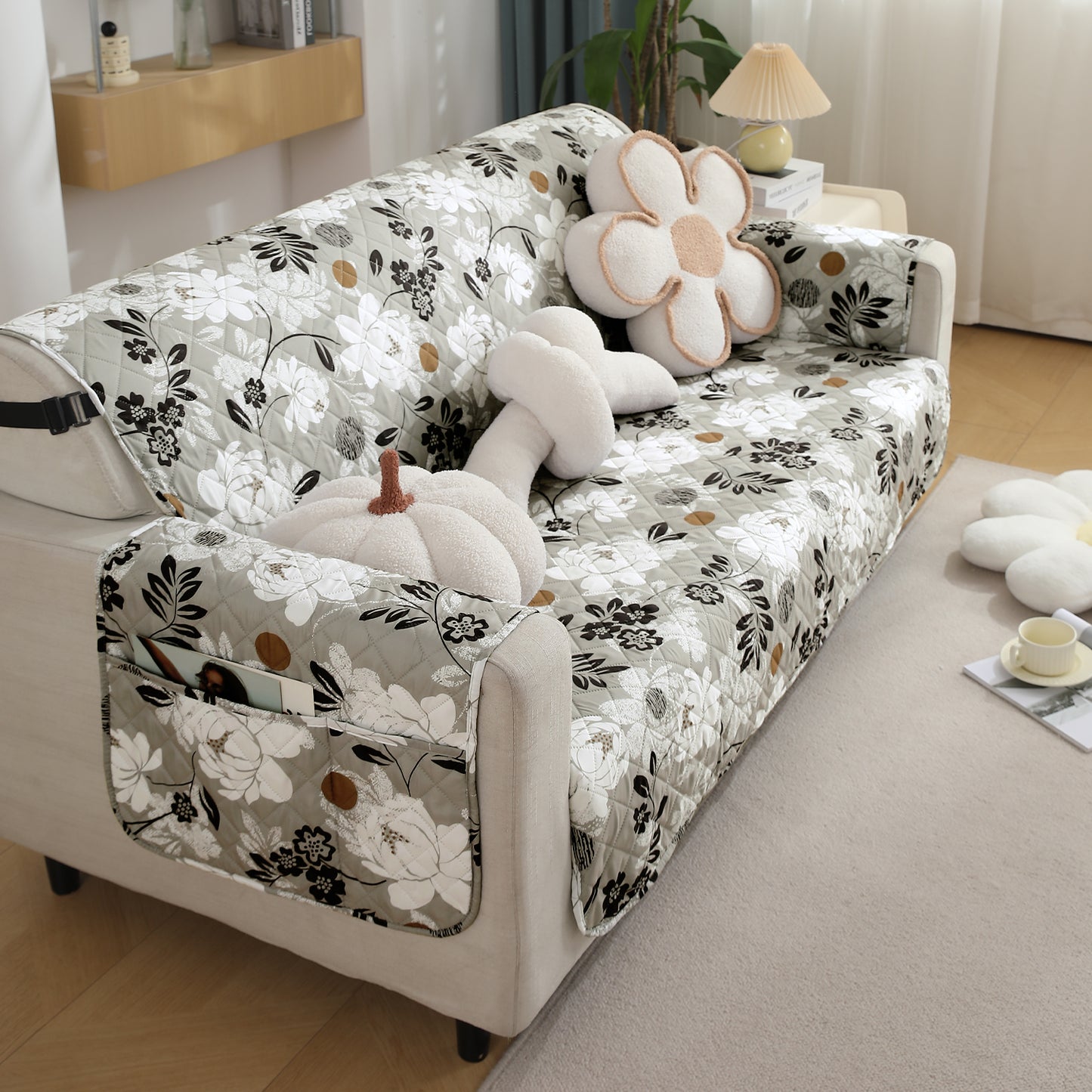 Waterproof & Quick-Dry Quilted Seater Sofa Cover with Pockets on Armrest, Feather Brown Floral