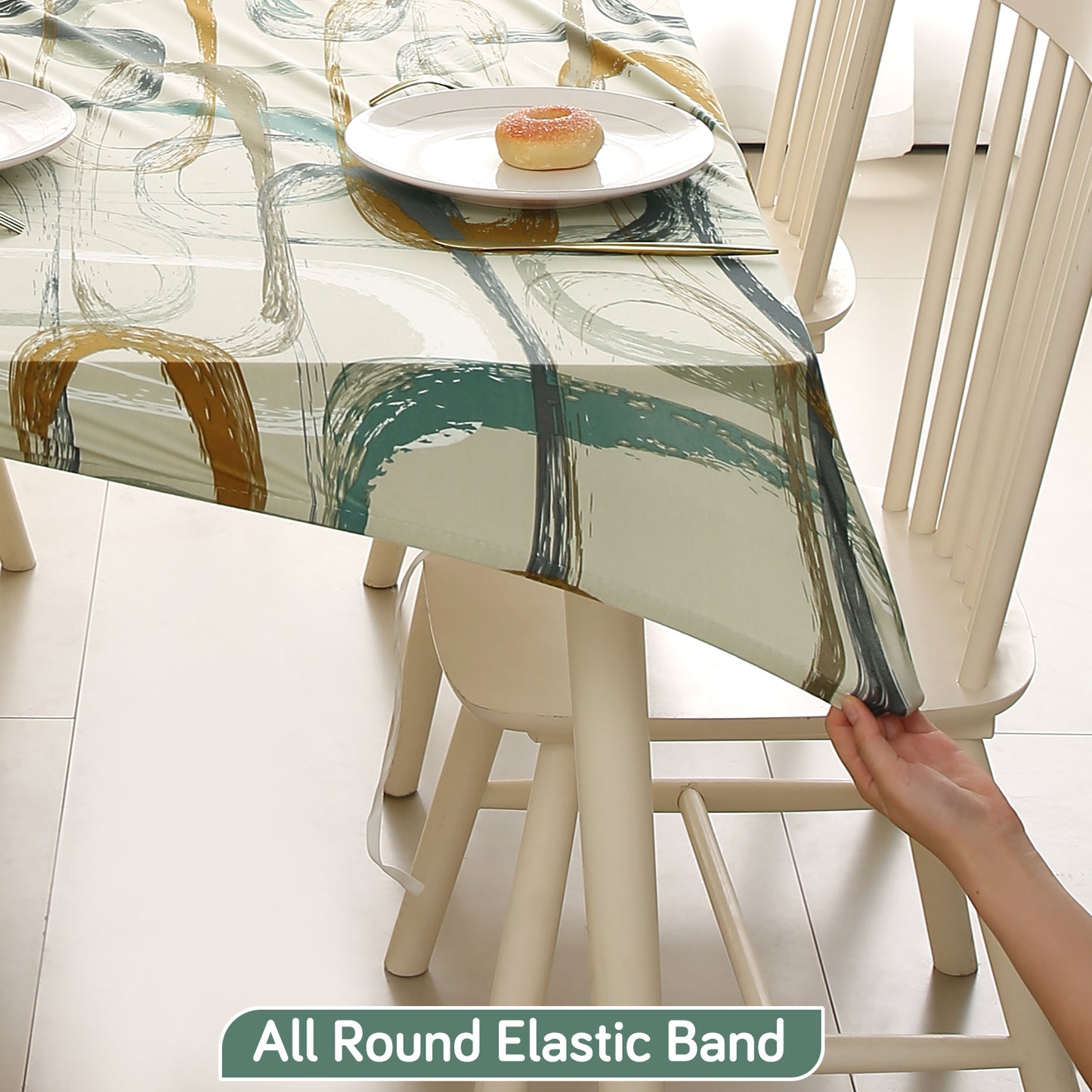 Printed Stretch Fit Water-Repellent & Anti-Slip Table Cloth Cover for 4 Seater / 6 Seater, Parchement Beige Abstract Art