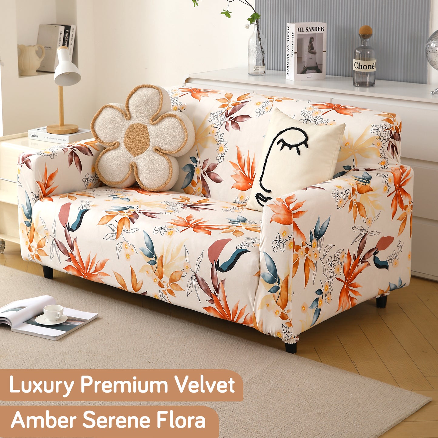 Premium Printed Velvet Sofa Cover 1/2/3 Seaters Fully Covered, Amber Serene Flora