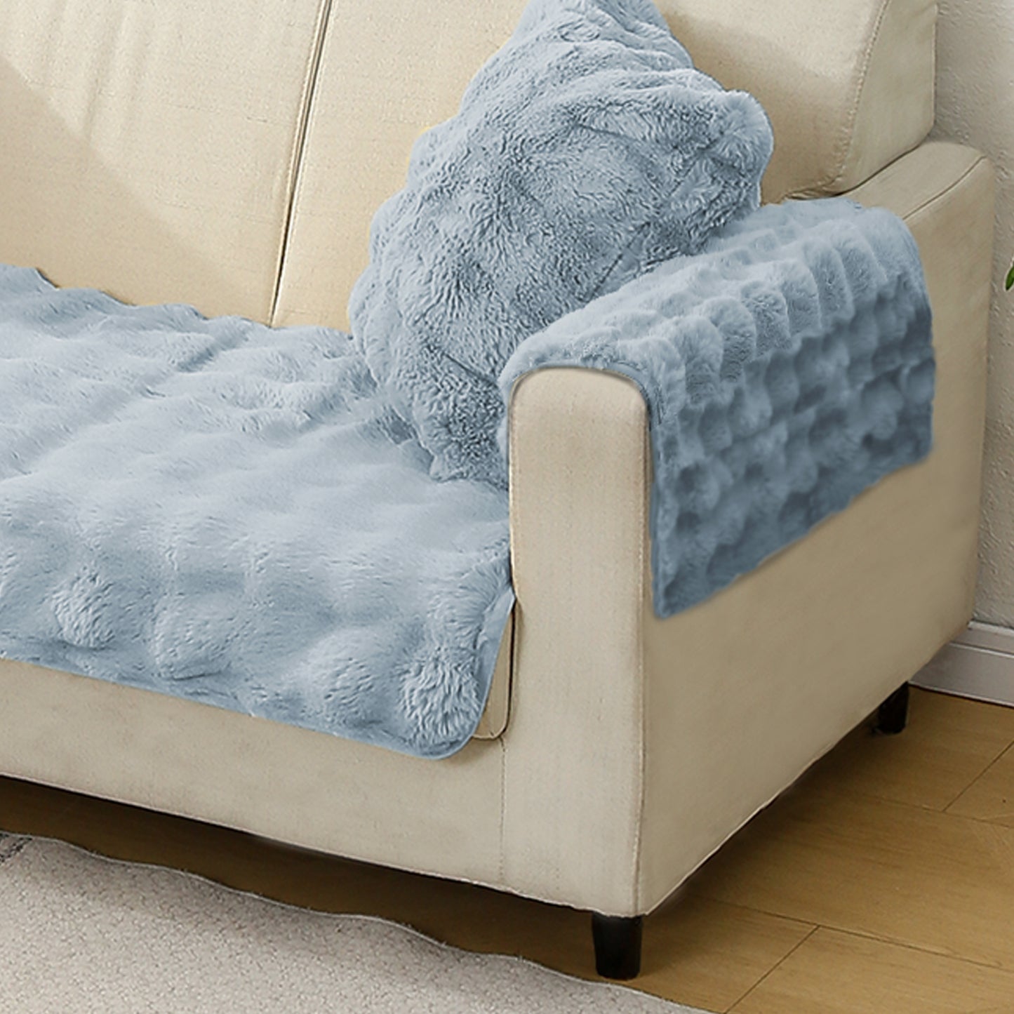 Premium Faux Rabbit Fur Anti Slip Sofa Cover Mat with 2 Arm Cover, Charm Blue