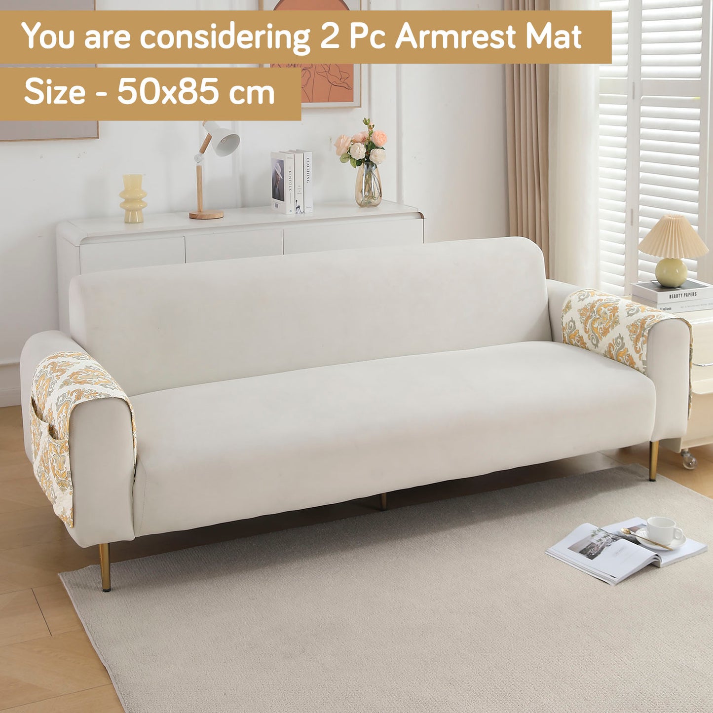 Polyester 2 Pcs Printed Quilted Sofa Armrest Cover, Damask Beige