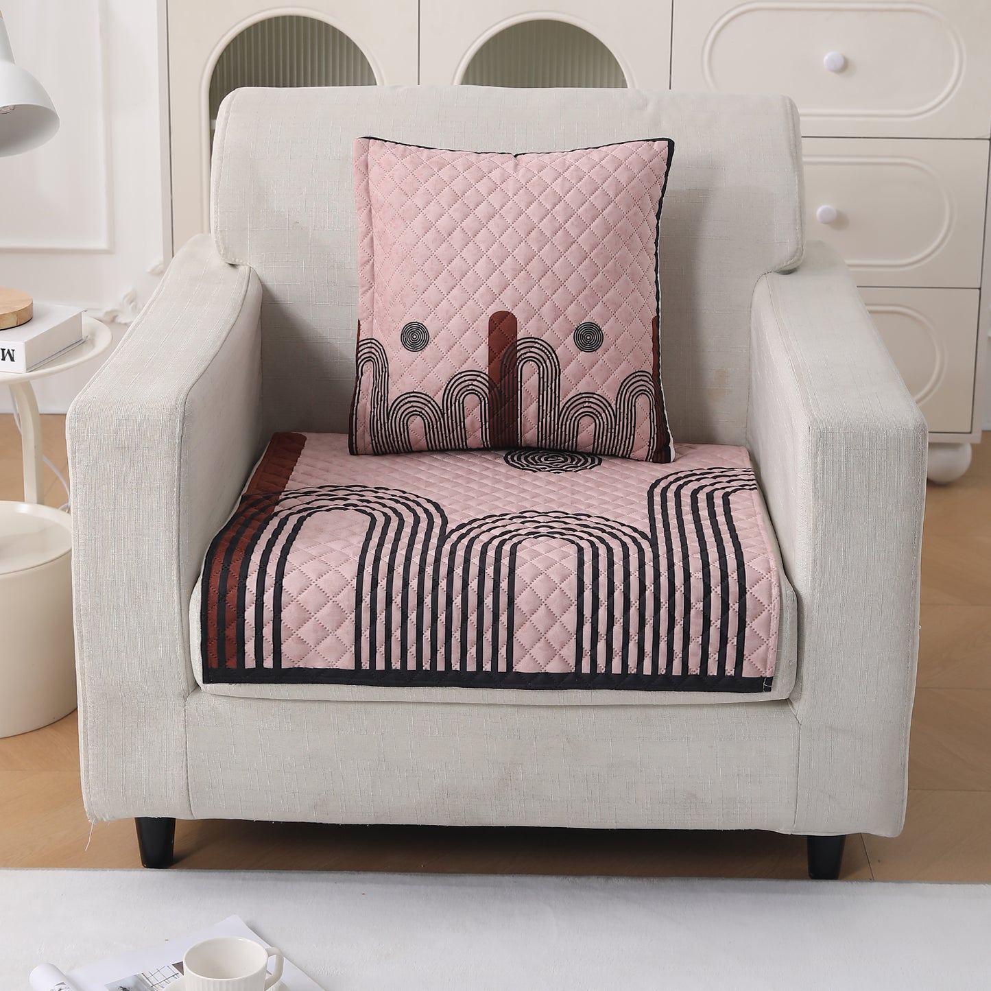 LiefNest Printed Holland Velvet Sofa Mat with Foam Filling - Modern Archscape Mauve Blush for 1/2/3 Seater & Armrest