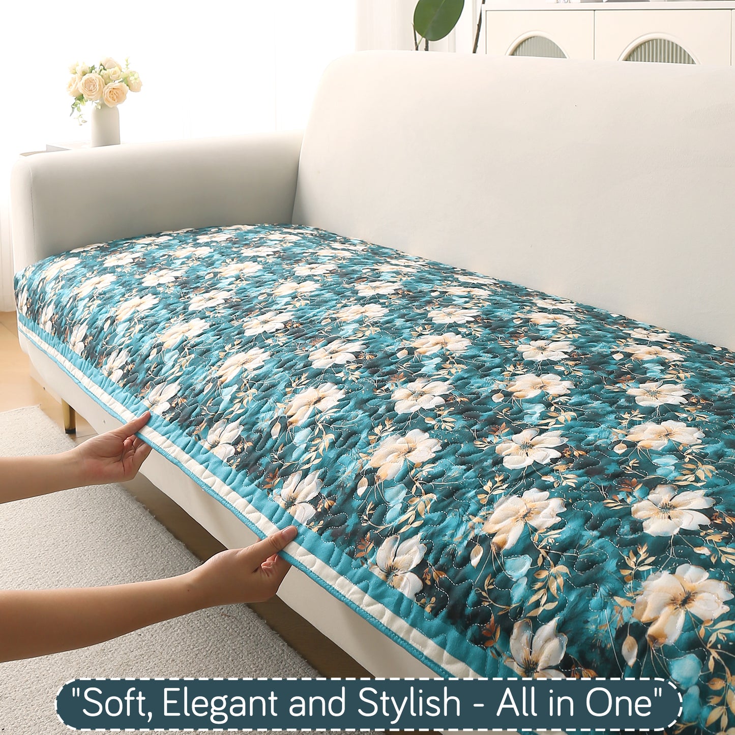 Florentina Series Printed Holland Velvet Sofa Mat - Pansies Teal