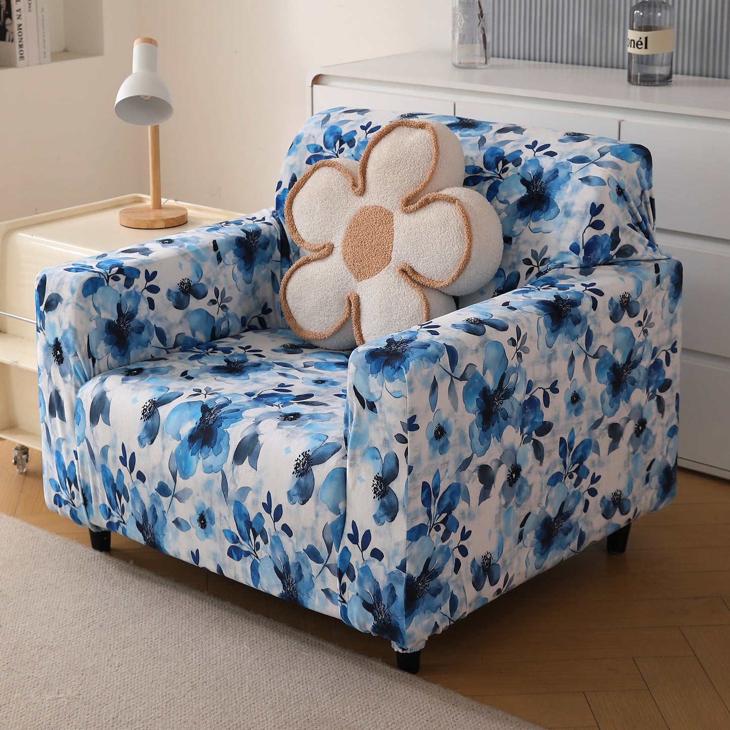 Premium Printed Velvet Sofa Cover 1/2/3 Seaters Fully Covered, Blue Azure Botanical