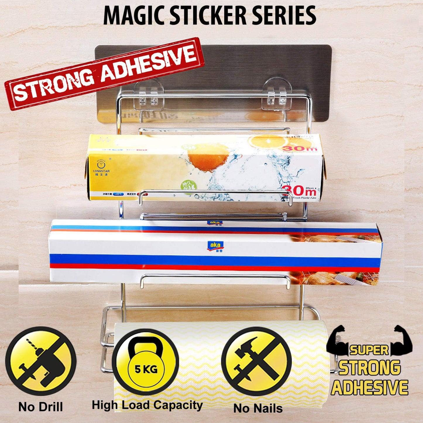 Magic Sticker Series Self Adhesive 3-in-1 Kitchen Tissue Paper Holder