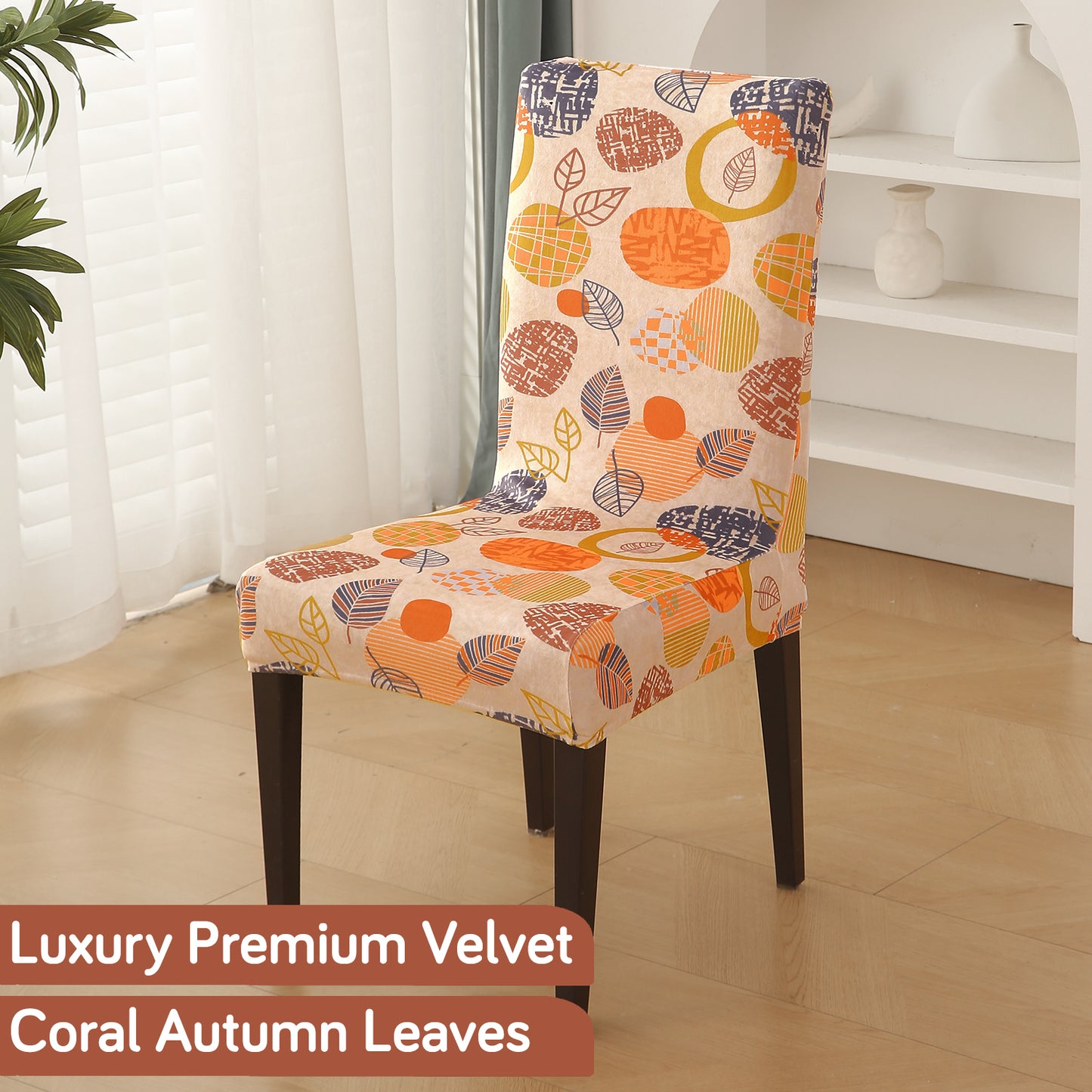 Premium Printed Velvet Dining Chair Cover Set, Coral Autumn Leaves