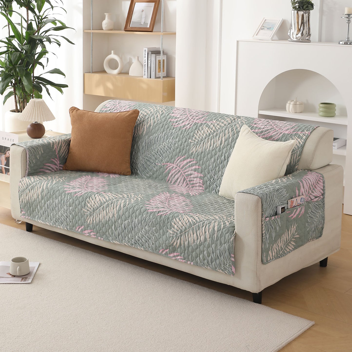 Tropical Leaves Pastel Green Printed 2 seater quilted sofa cover