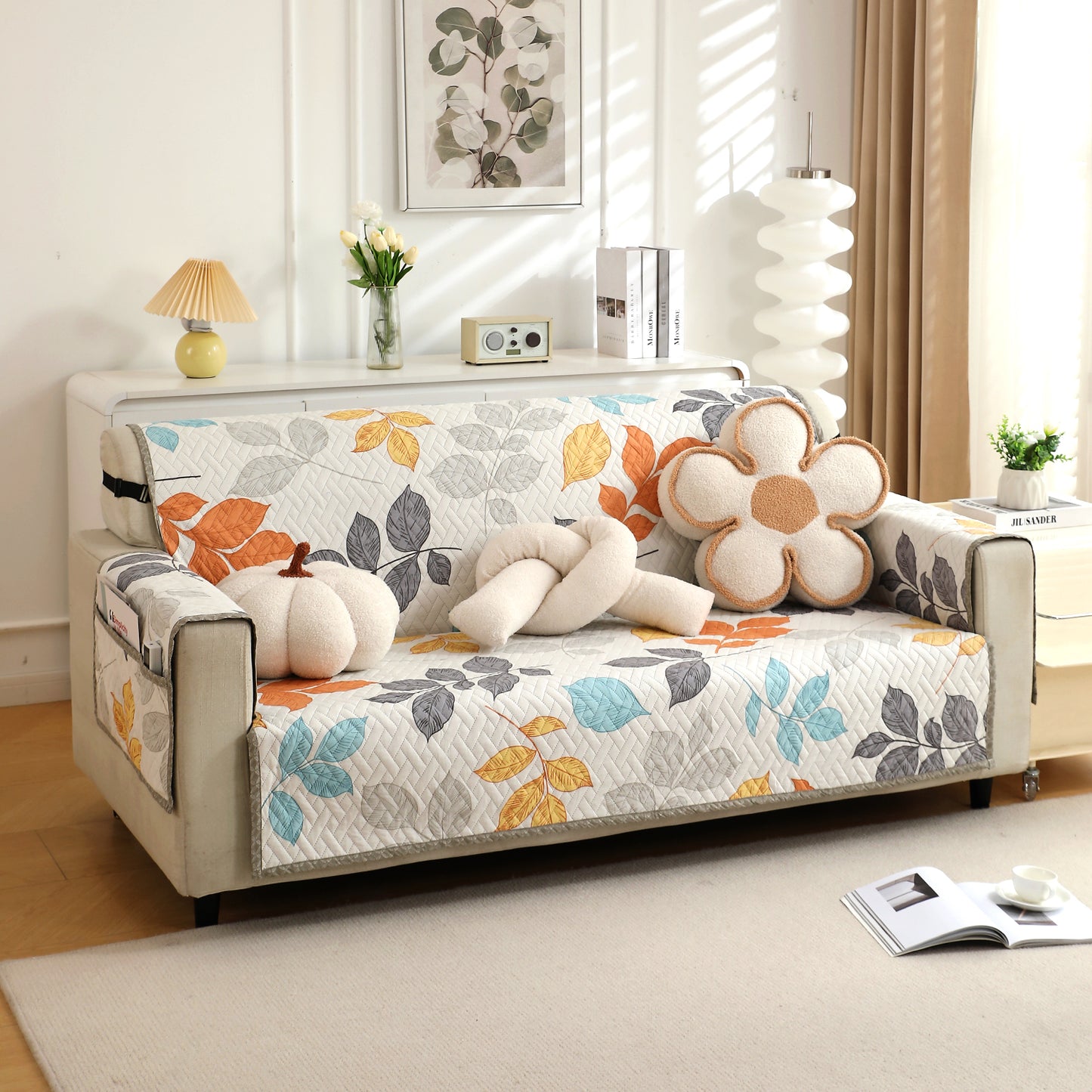 Quilted Sofa Cover with Pockets, Multicolor Leaves