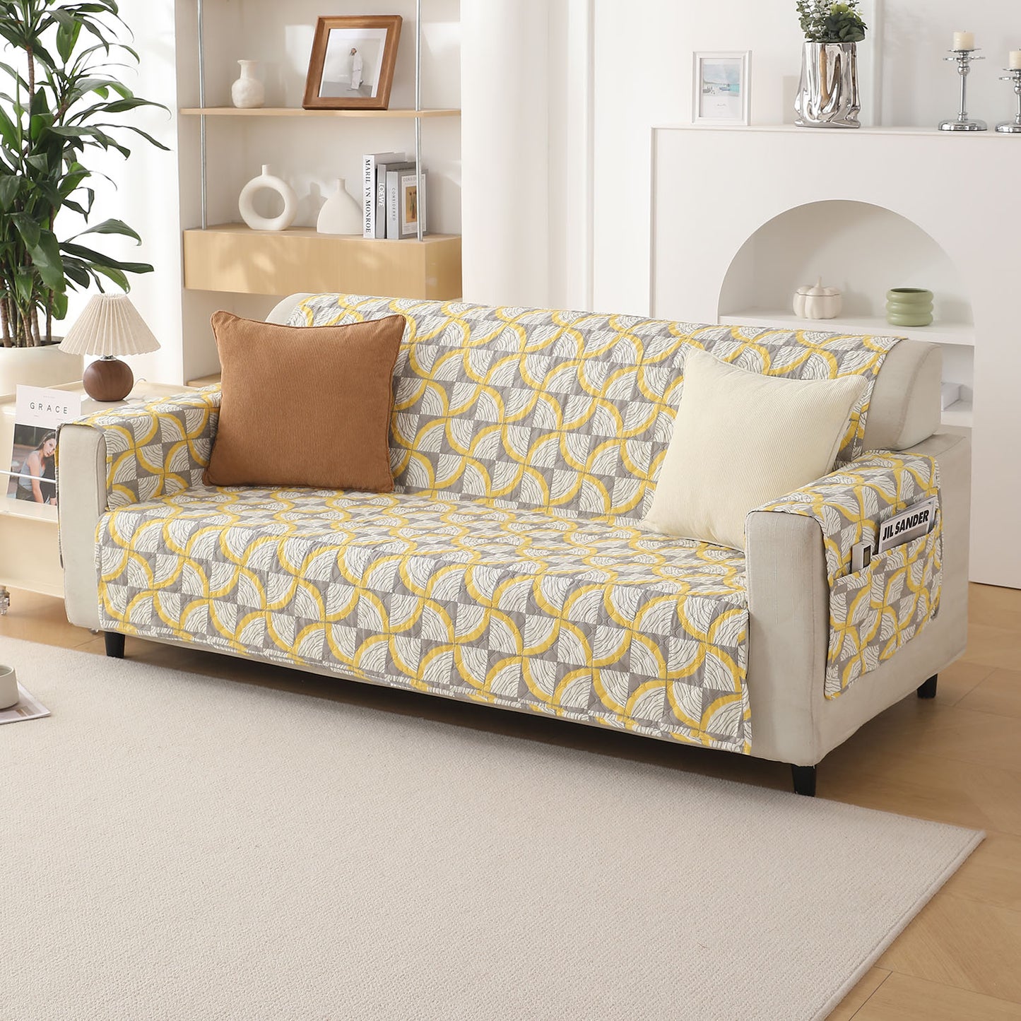 Windmill Cyber Yellow Printed three seater quilted sofa cover