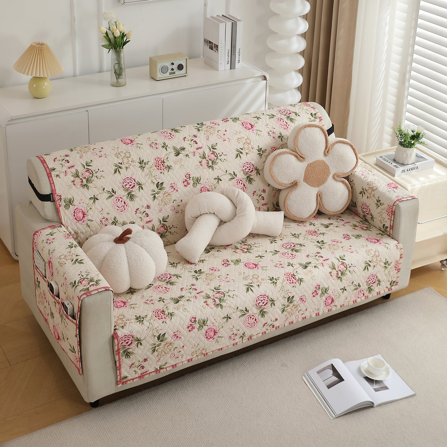 Beige Peonies Printed quilted three seater sofa cover with armrest and side pockets