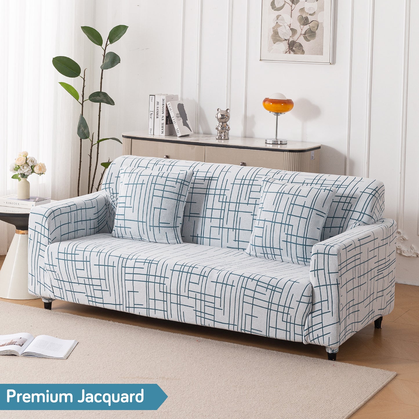 'Crossline Series' Jacquard Sofa Cover 1/2/3/4-seater Fully Covered, Teal Blue