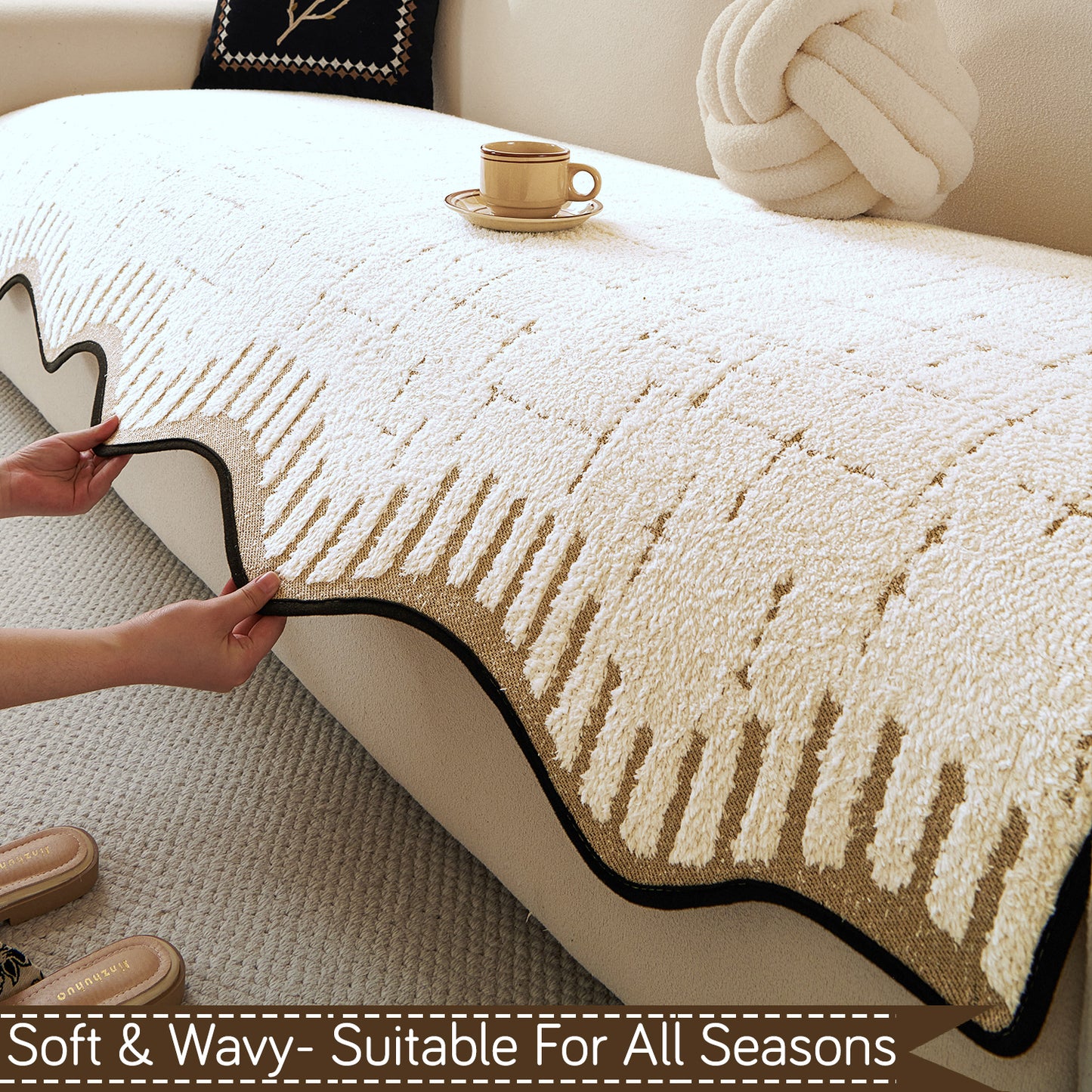 Premium Supple Soft Wavy Sofa Cover Mat, Cream Brown