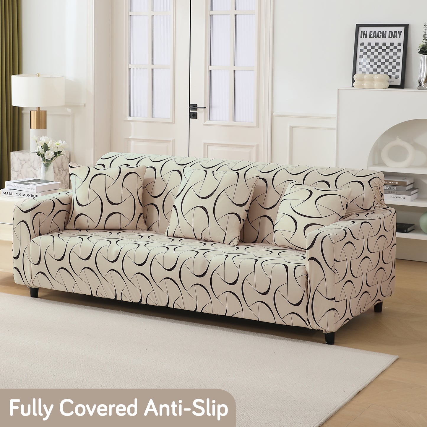 Natural Beige Abstract Art Print modern stretchable 3 seater sofa covers