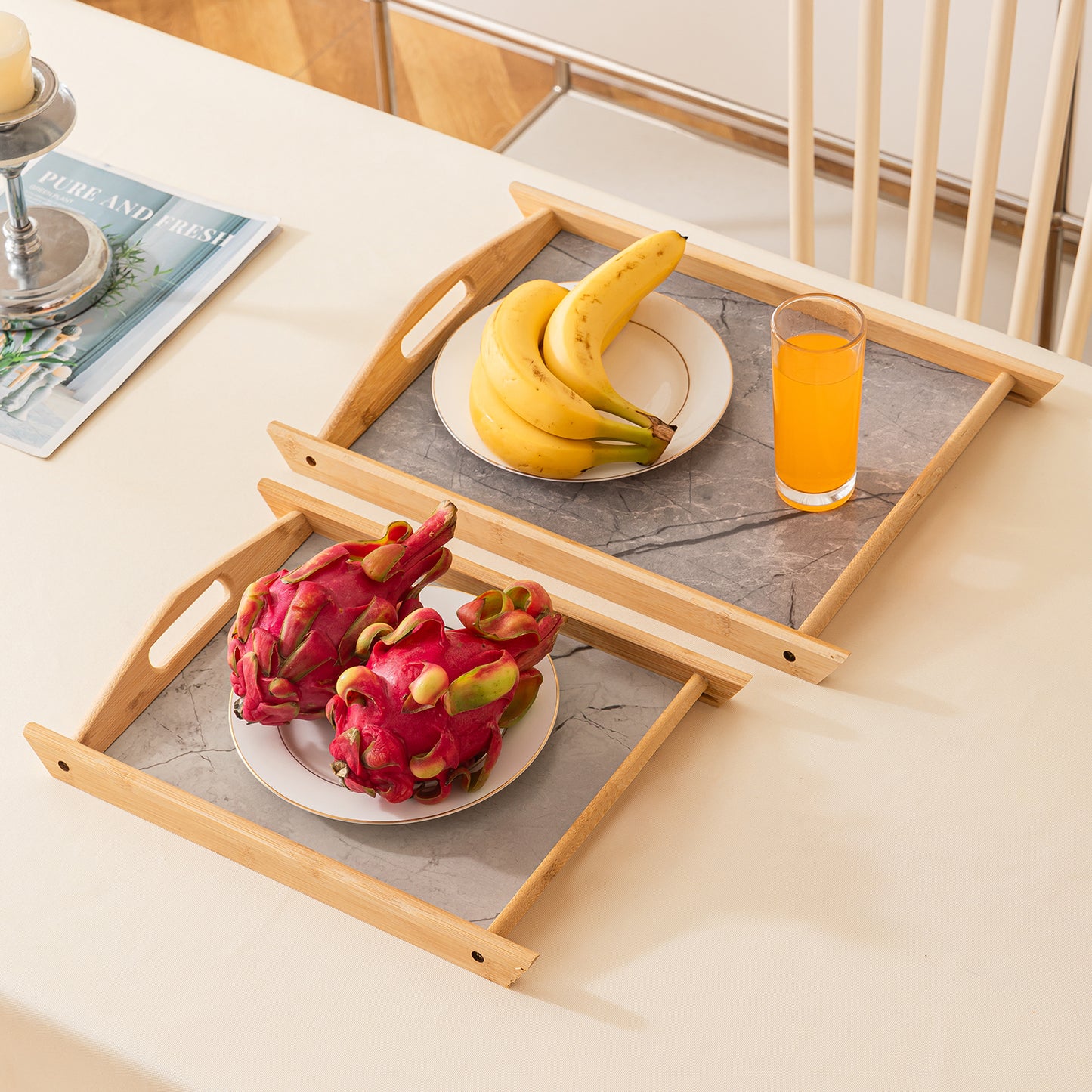 Bamboo Set of 2 Serving Trays with Handles – elegant faux marble base, Grey