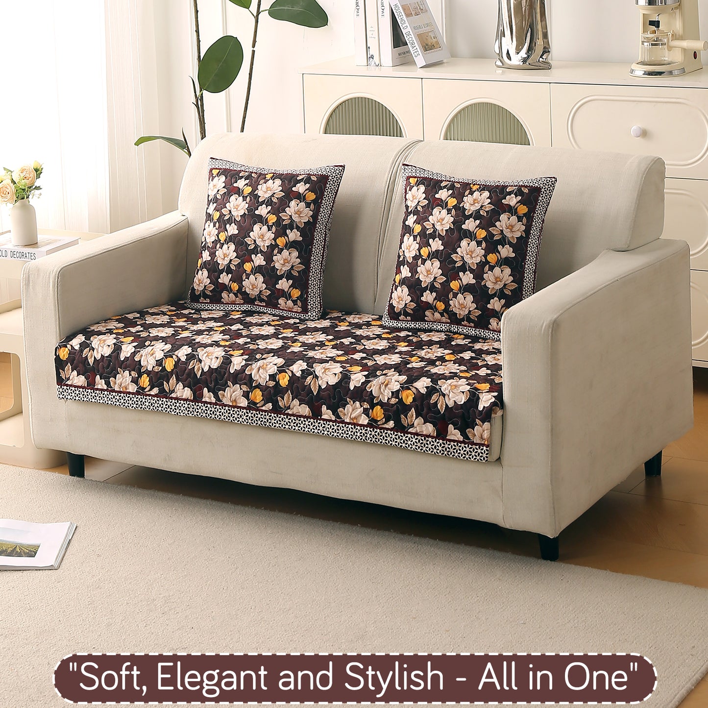 Florentina Series Printed Holland Velvet Sofa Mat - Camellia Brown