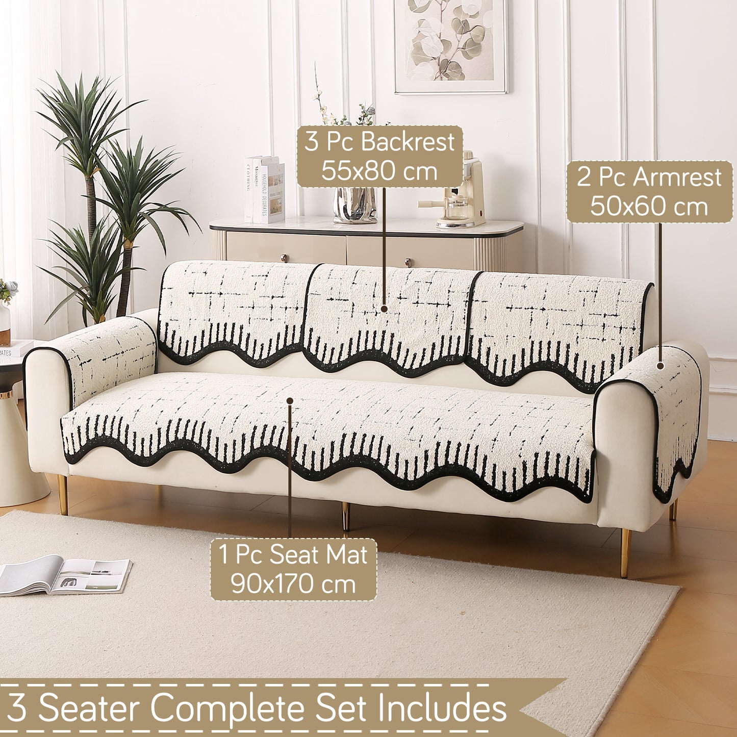 Premium Supple Soft Wavy with Curve Sofa Cover Mat, Off-White
