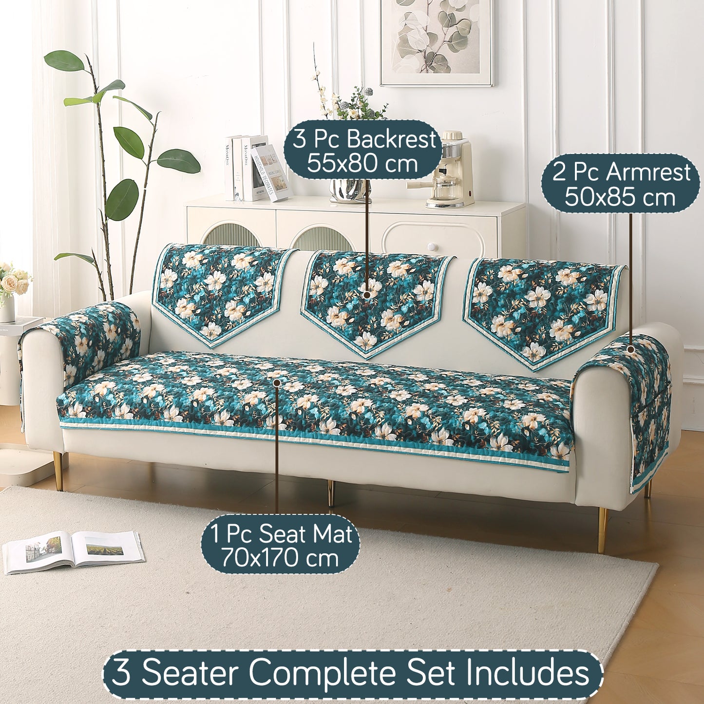 Florentina Series Printed Holland Velvet Sofa Mat - Pansies Teal