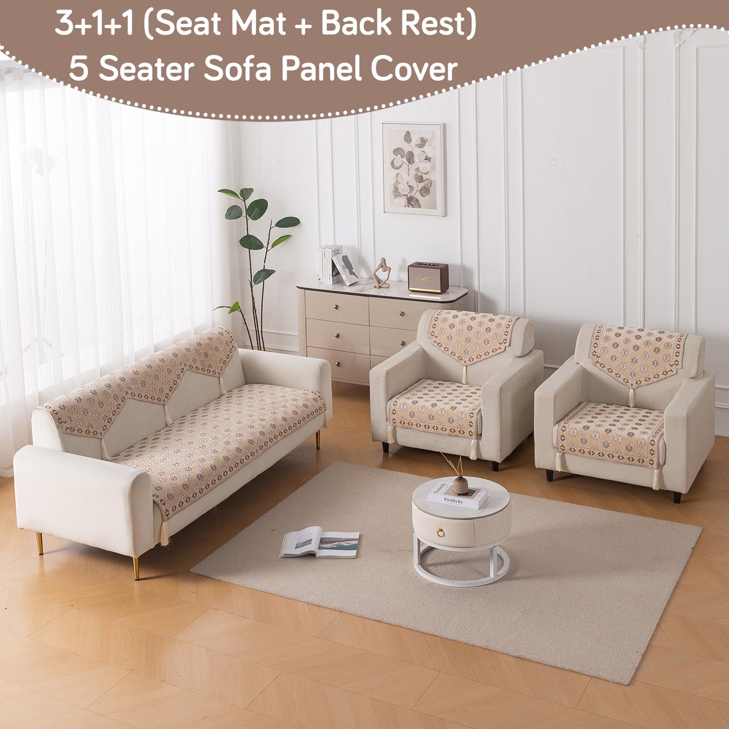 Heritage Weave Premium Jacquard Sofa Cover Set with Tassels - Sandy Beige