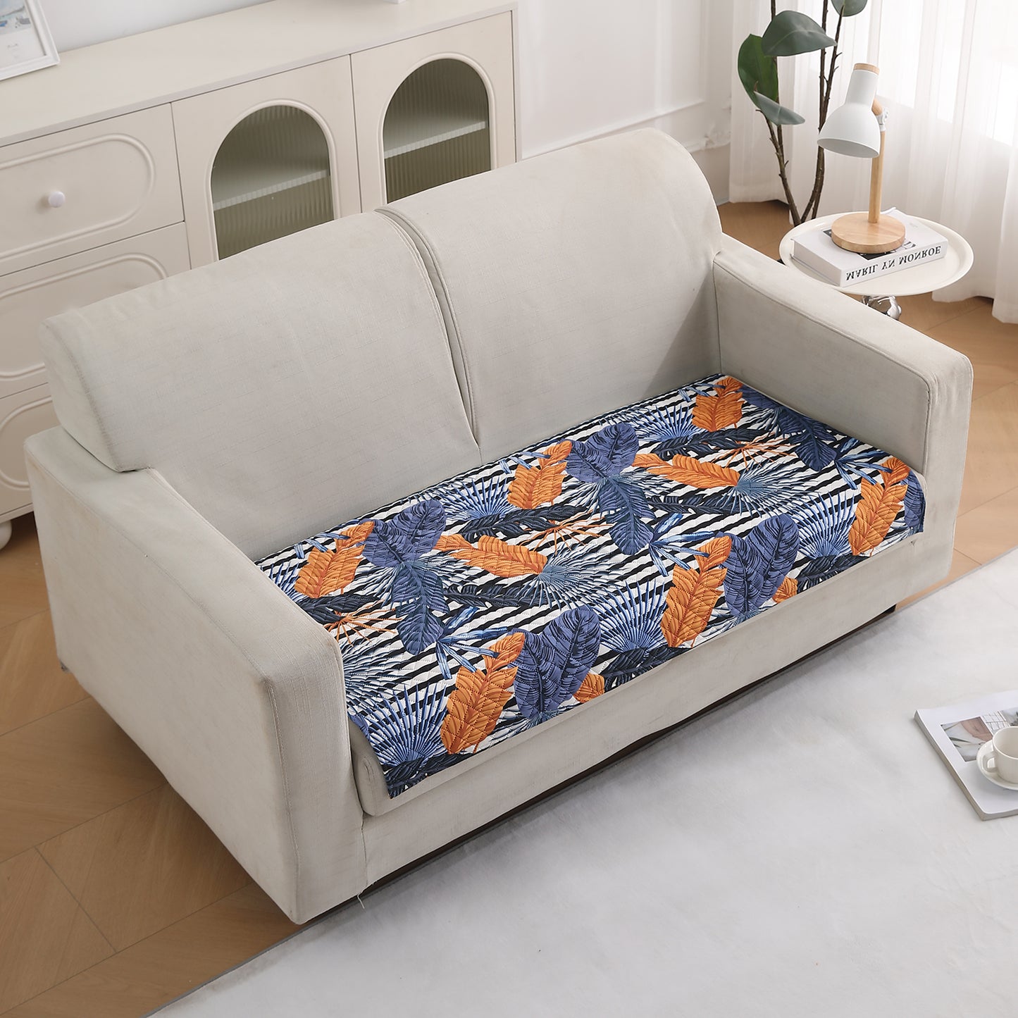 LiefNest Printed Holland Velvet Sofa Mat with Foam Filling - Tropical Leaves Dusk Blue for 1/2/3 Seater & Armrest