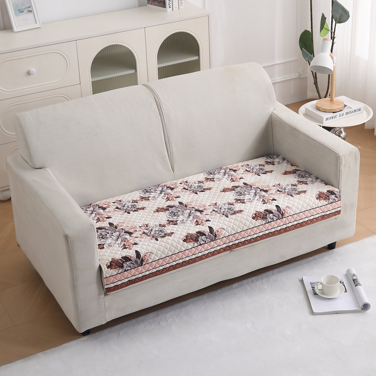 LiefNest Printed Holland Velvet Sofa Mat with Foam Filling - Chrysanthemum Bloom Soft Beige for 1/2/3 Seater & Armrest