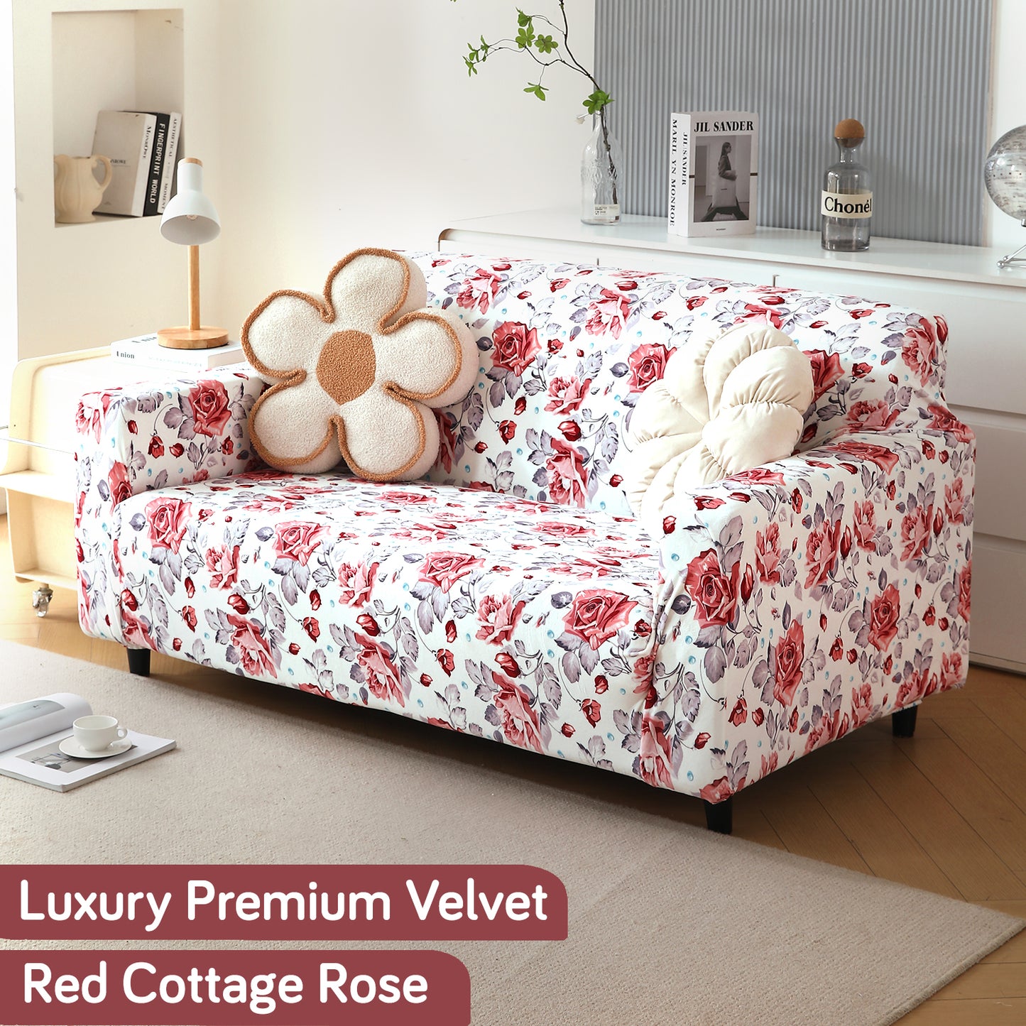 Premium Printed Velvet Sofa Cover 1/2/3 Seaters Fully Covered, Red Cottage Rose