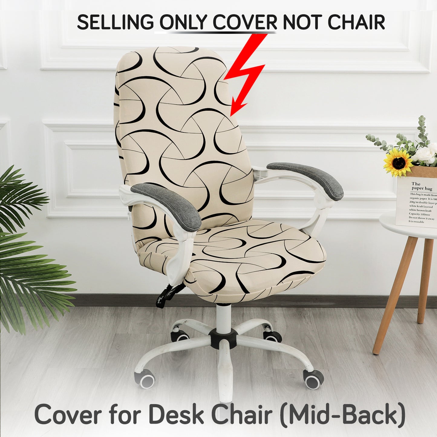Printed Office Chair Cover for Desk Chair (Mid-Back) – 140 GSM Stretch Fabric – Washable, Durable & Anti-Slip – Fits Mid-Back Office Chairs, Natural Beige Abstract Art - Medium