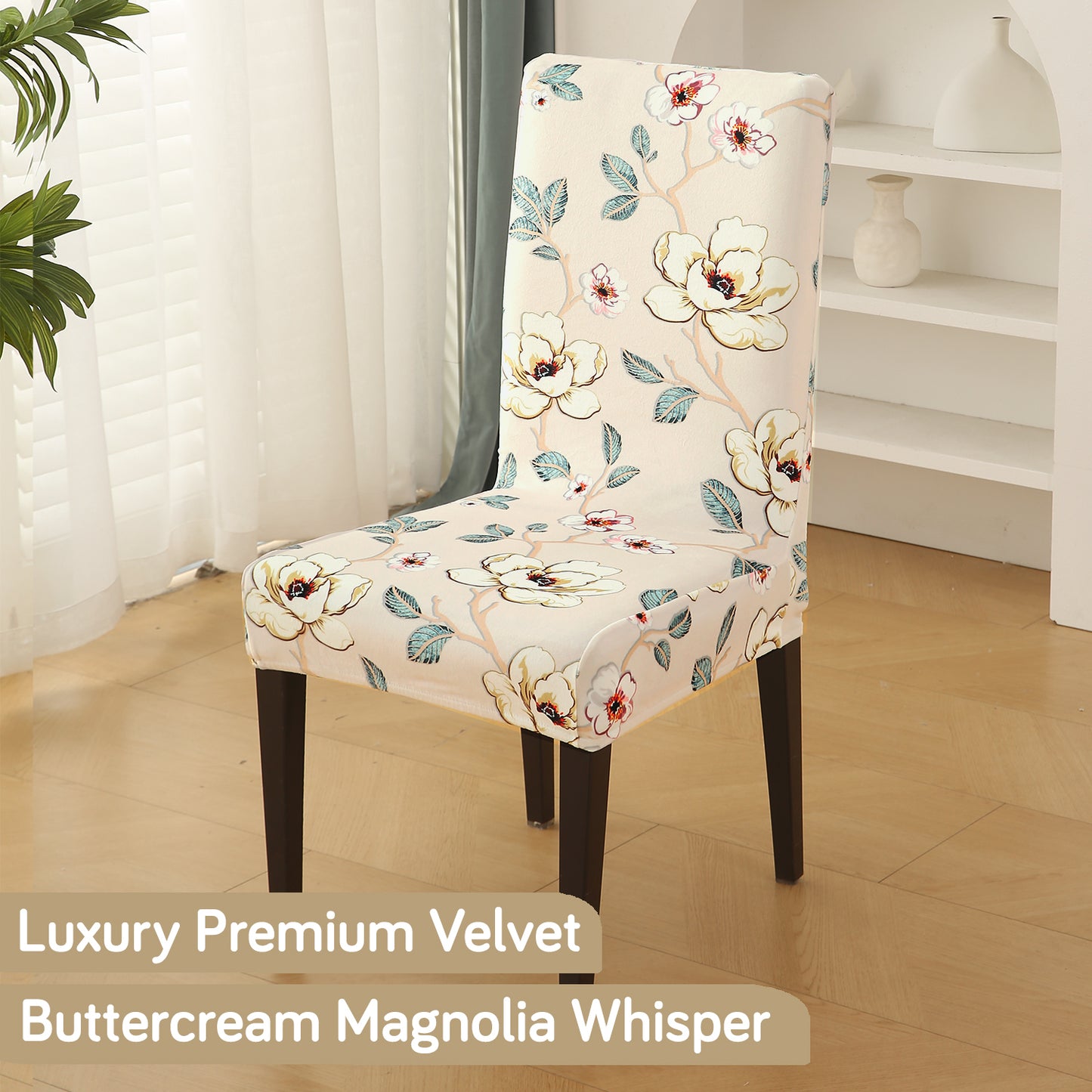 Premium Printed Velvet Dining Chair Cover Set, Buttercream Magnolia Whisper