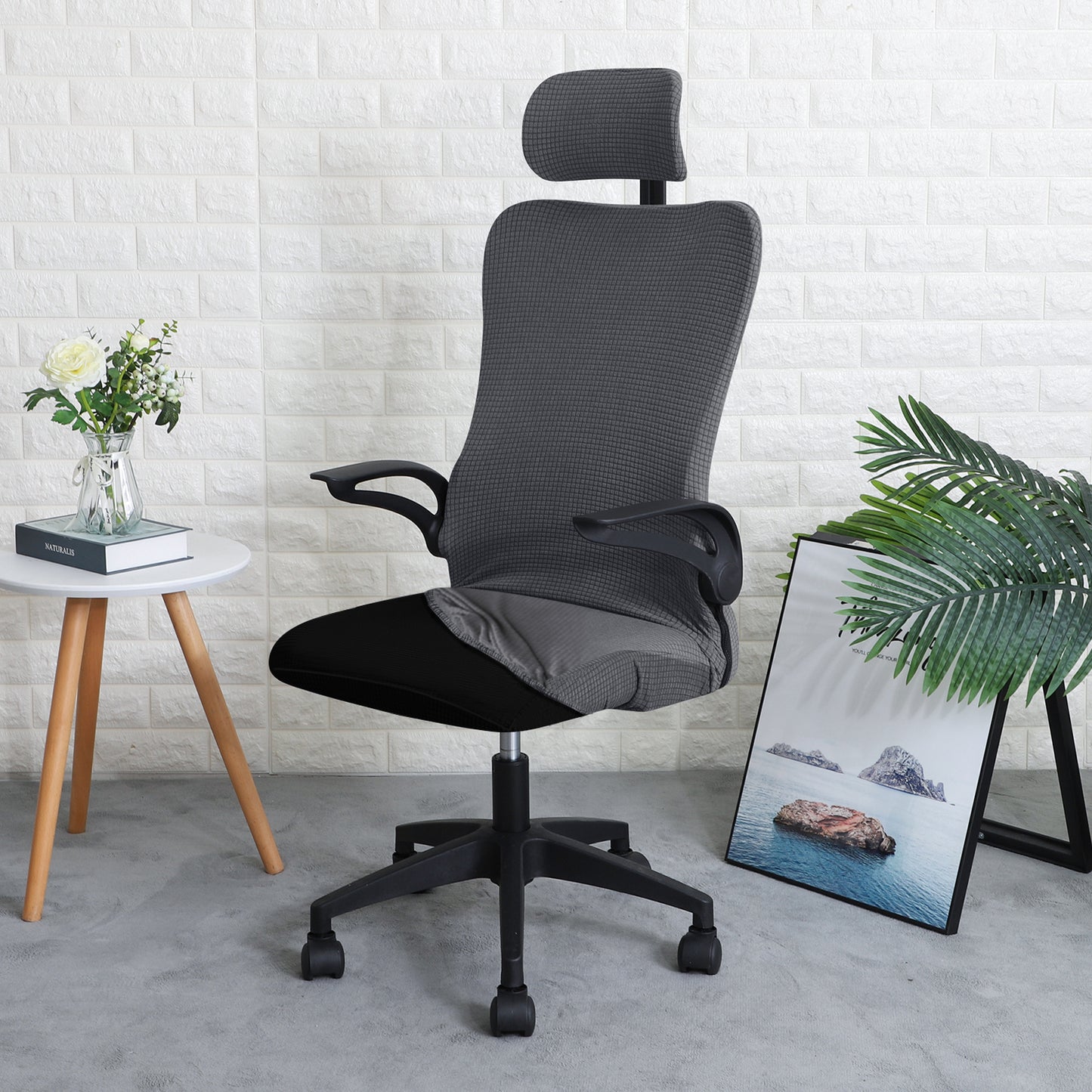 Water Repellent Office Chair Cover with Headrest (High-Back) – 210 GSM Stretch Jacquard – Washable, Anti-Slip Fit for Ergonomic Mesh Office Chairs, Dark Grey