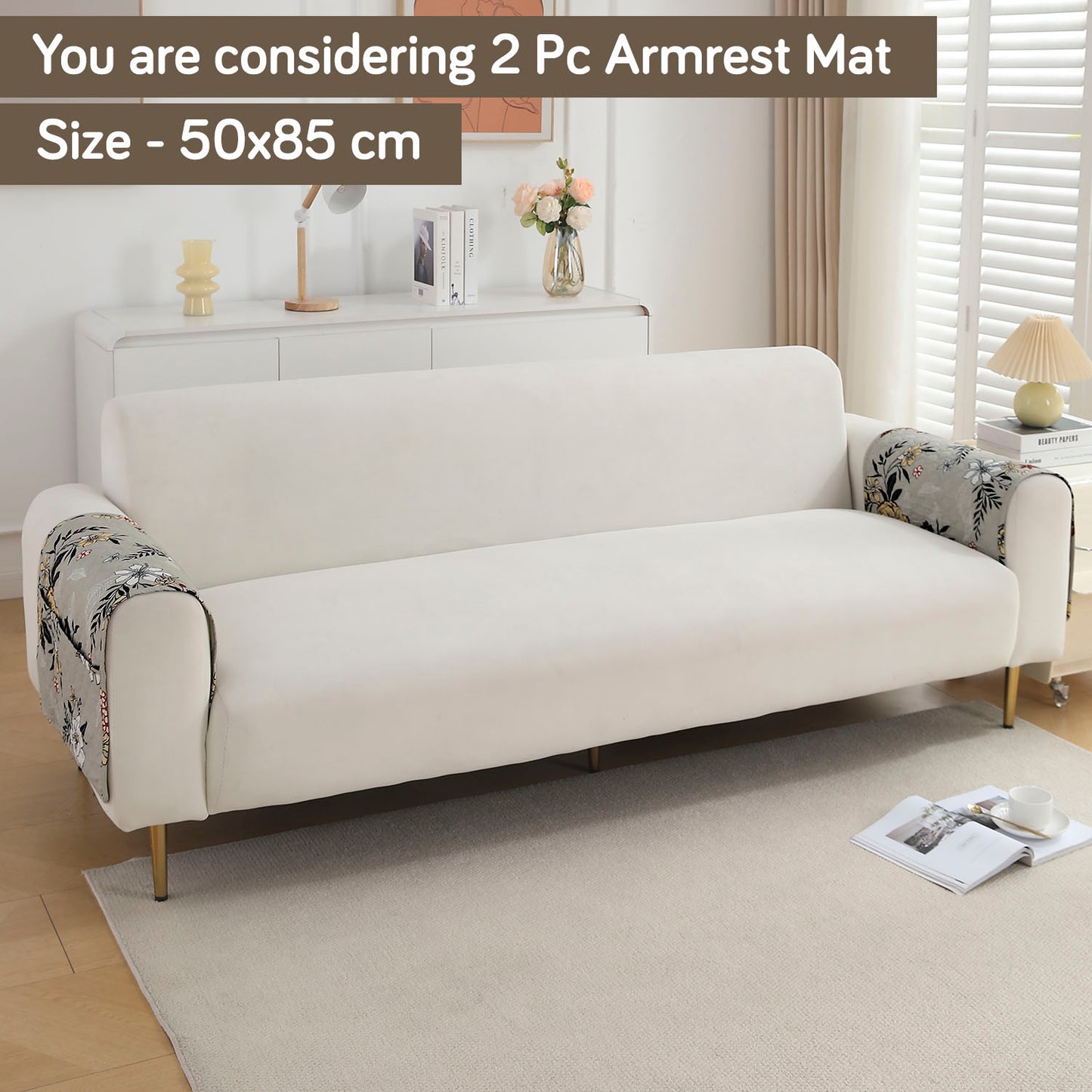 Polyester 2 Pcs Printed Quilted Sofa Armrest Cover, Floral Ash Grey