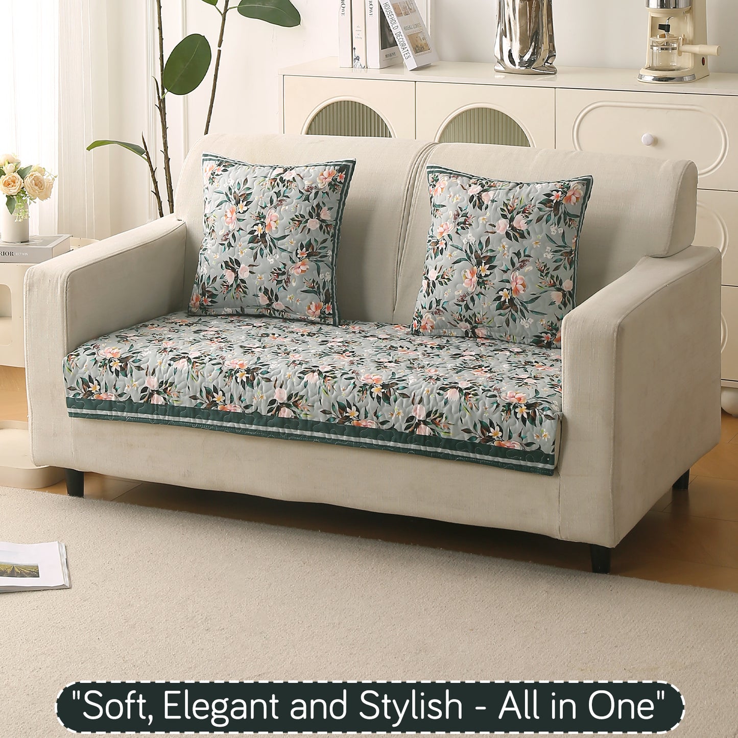Florentina Series Printed Holland Velvet Sofa Mat - Magnolia Green