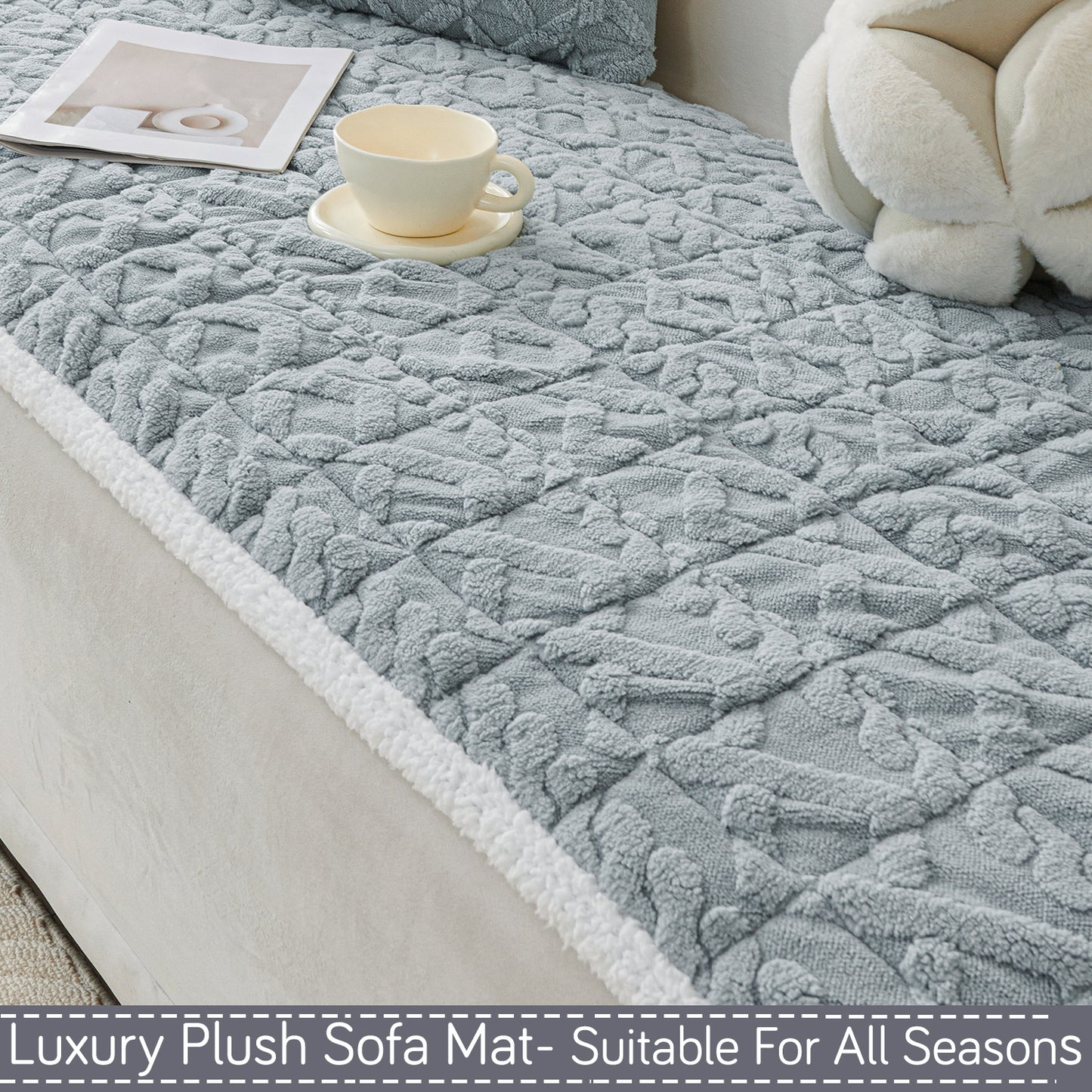 'Italian Caelora' Luxury Jacquard Plush Sofa Cover Mat and Anti-Slip Armrest Covers - Powder Blue