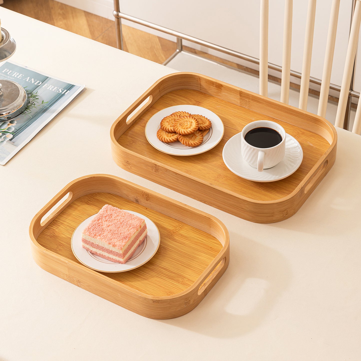 Natural Bamboo Serving Tray Set of 2/3 – Multipurpose Kitchen Tray with Handles