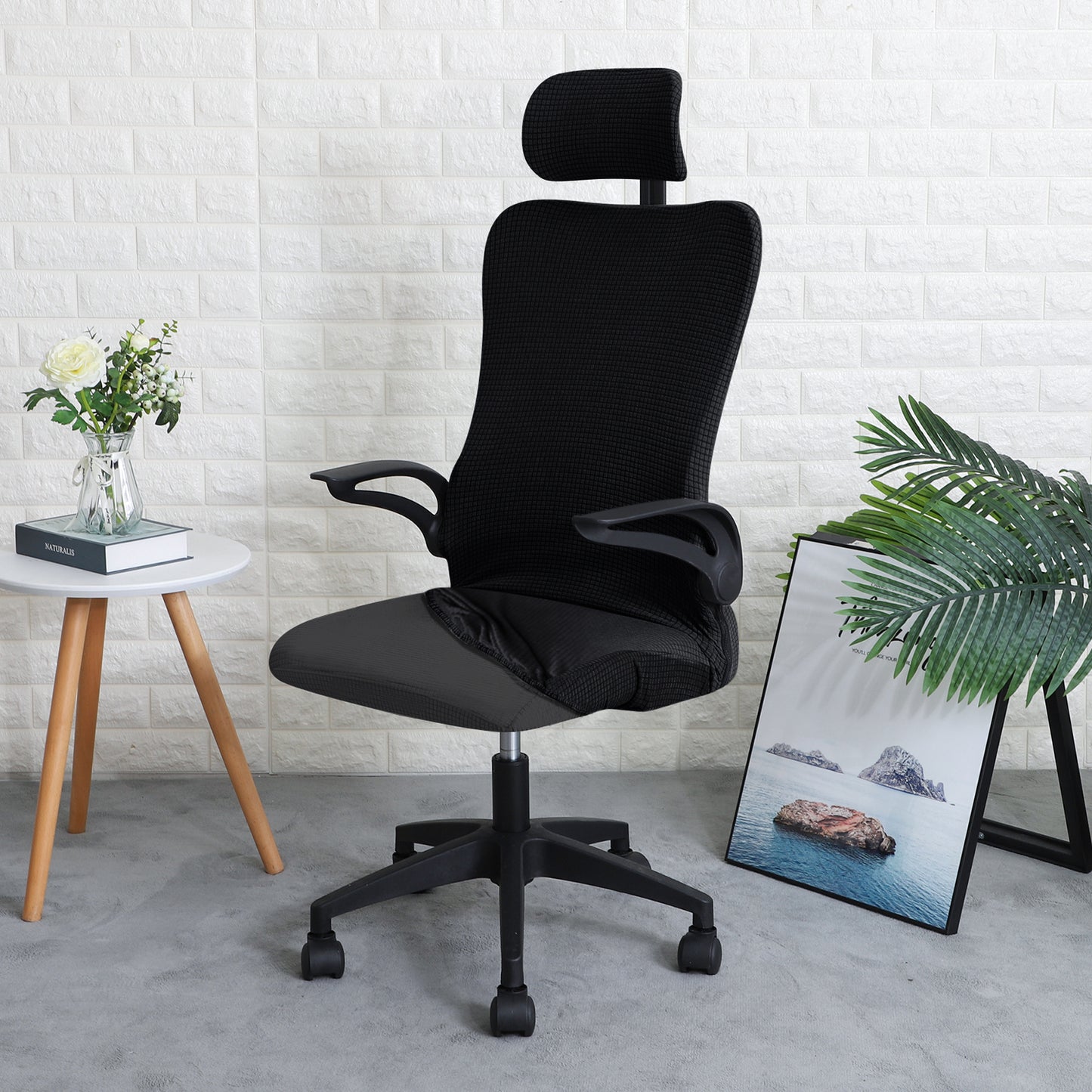 Water Repellent Office Chair Cover with Headrest (High-Back) – 210 GSM Stretch Jacquard – Washable, Anti-Slip Fit for Ergonomic Mesh Office Chairs, Black