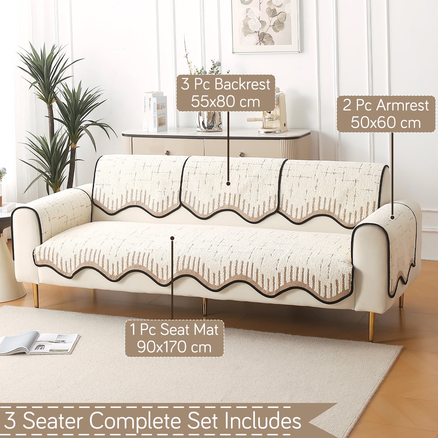 Premium Supple Soft Wavy with Curve Sofa Cover Mat, Cream Brown
